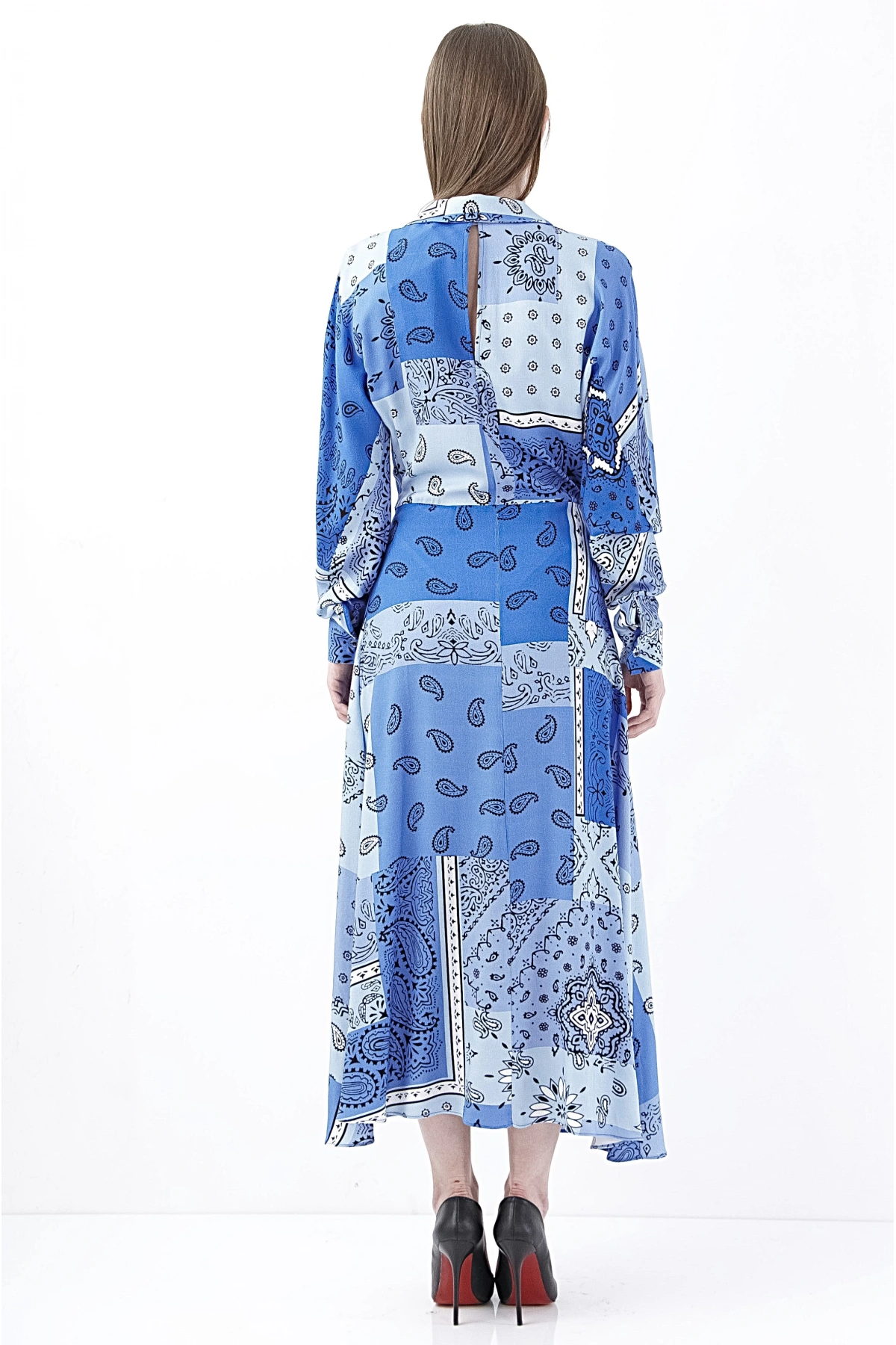 Modern Kruvaze Mavi Midi Elbise