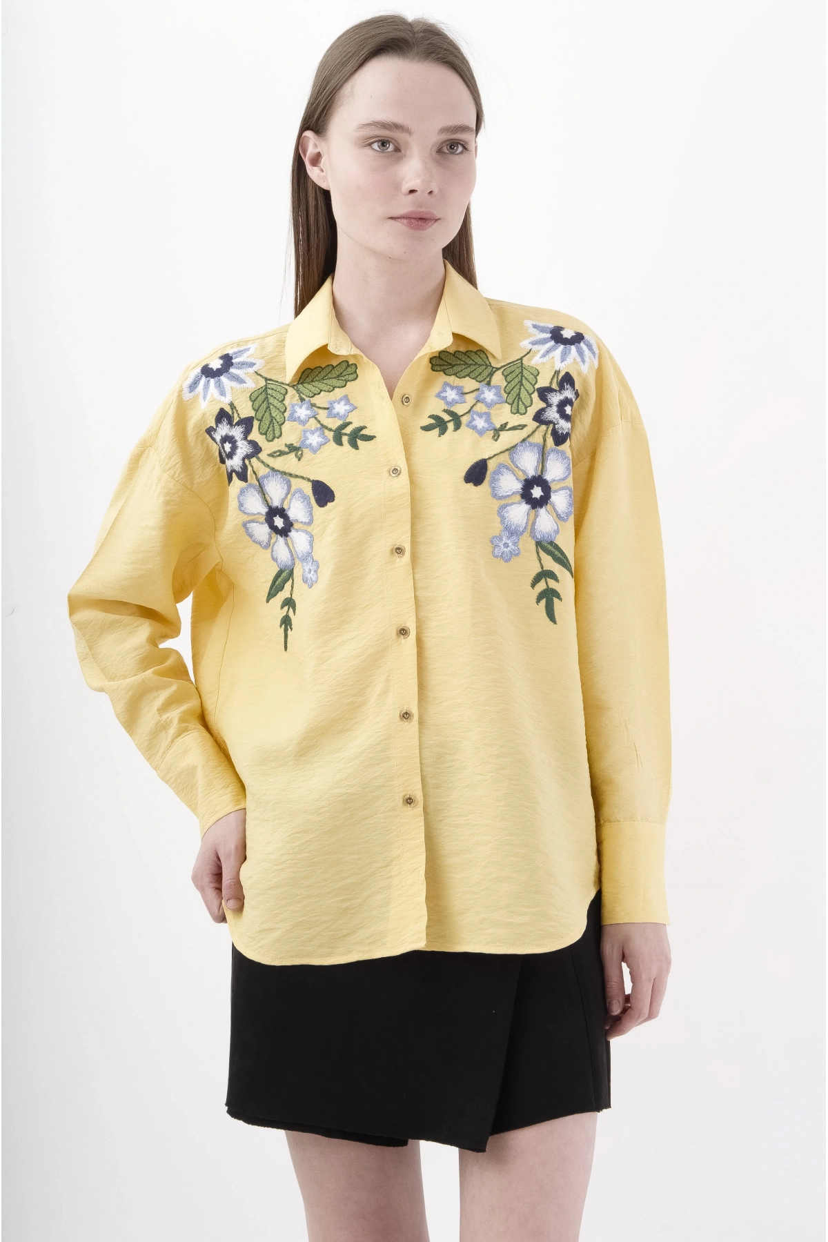 Sarı Çiçekli Kadın Gömlek Şık Viskon Bluz