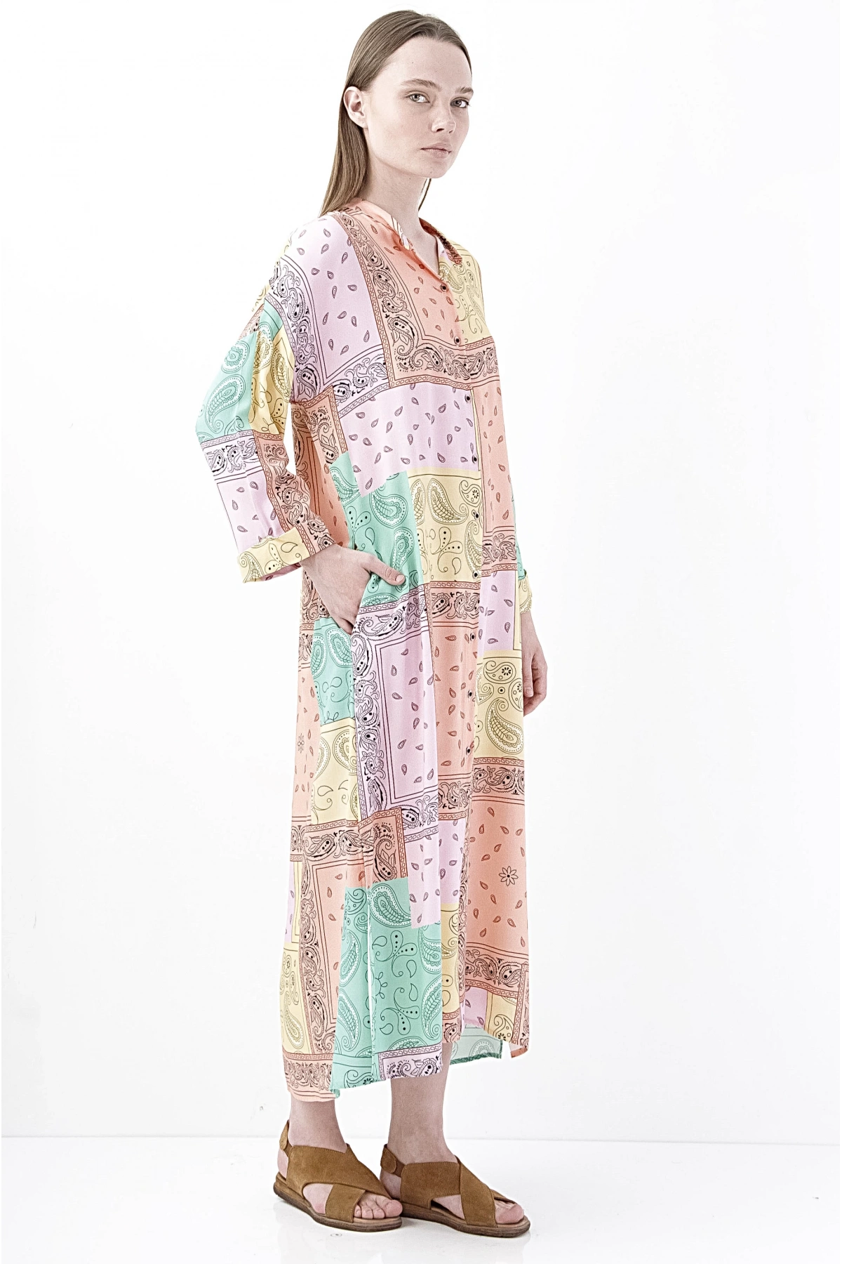 Renkli Desenli Şifon Midi Elbise Kadın Yazlık