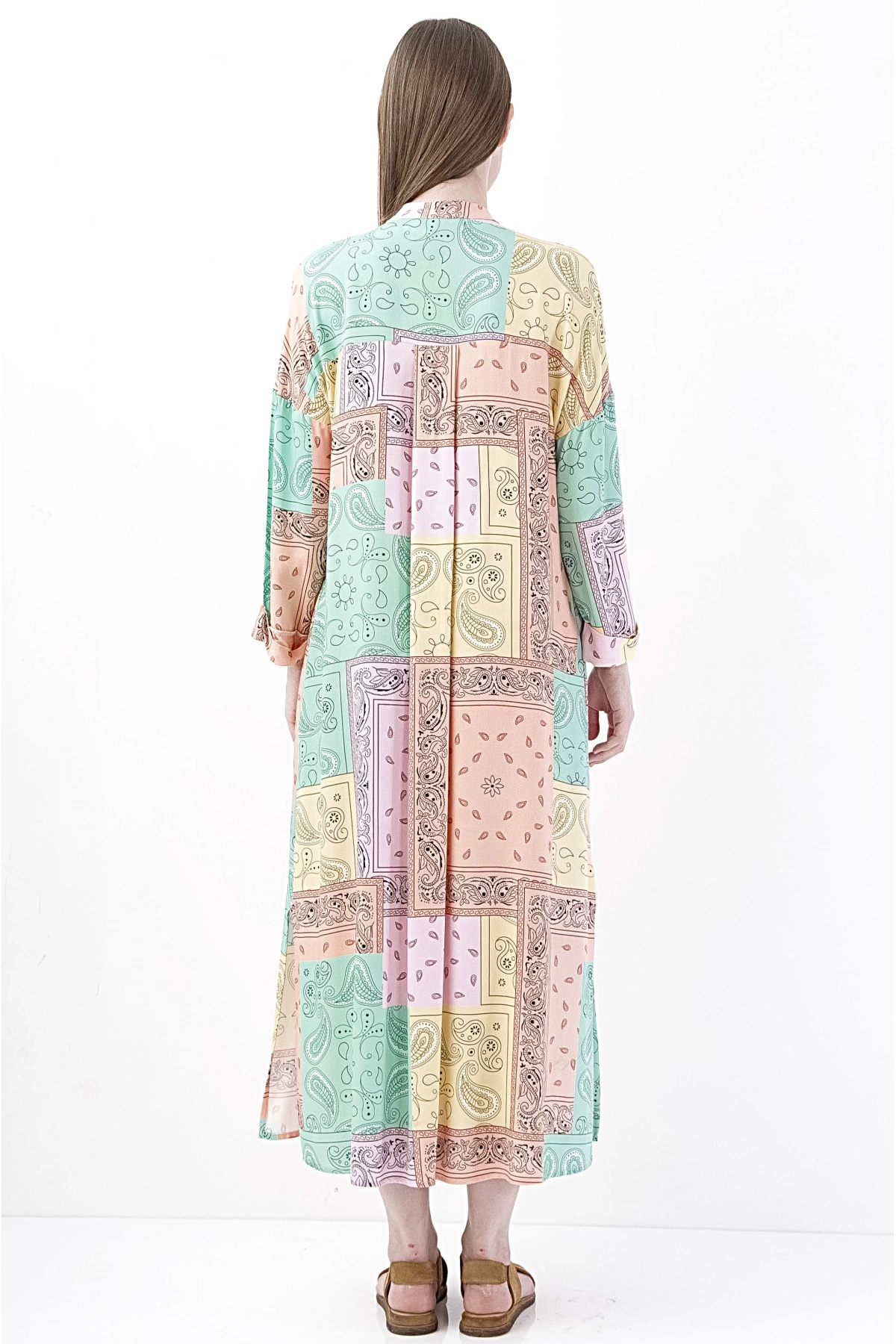 Renkli Desenli Şifon Midi Elbise Kadın Yazlık