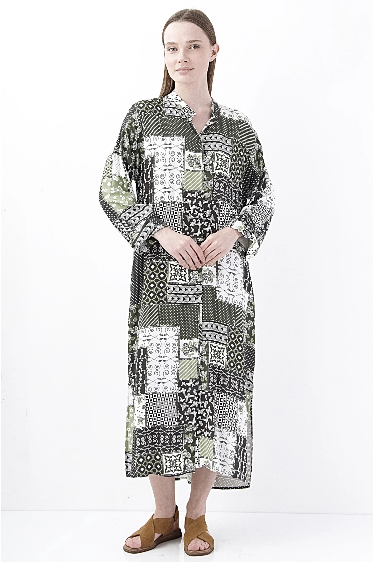 Kadın Patchwork Desenli Uzun Kollu Elbise Siyah Yeşil