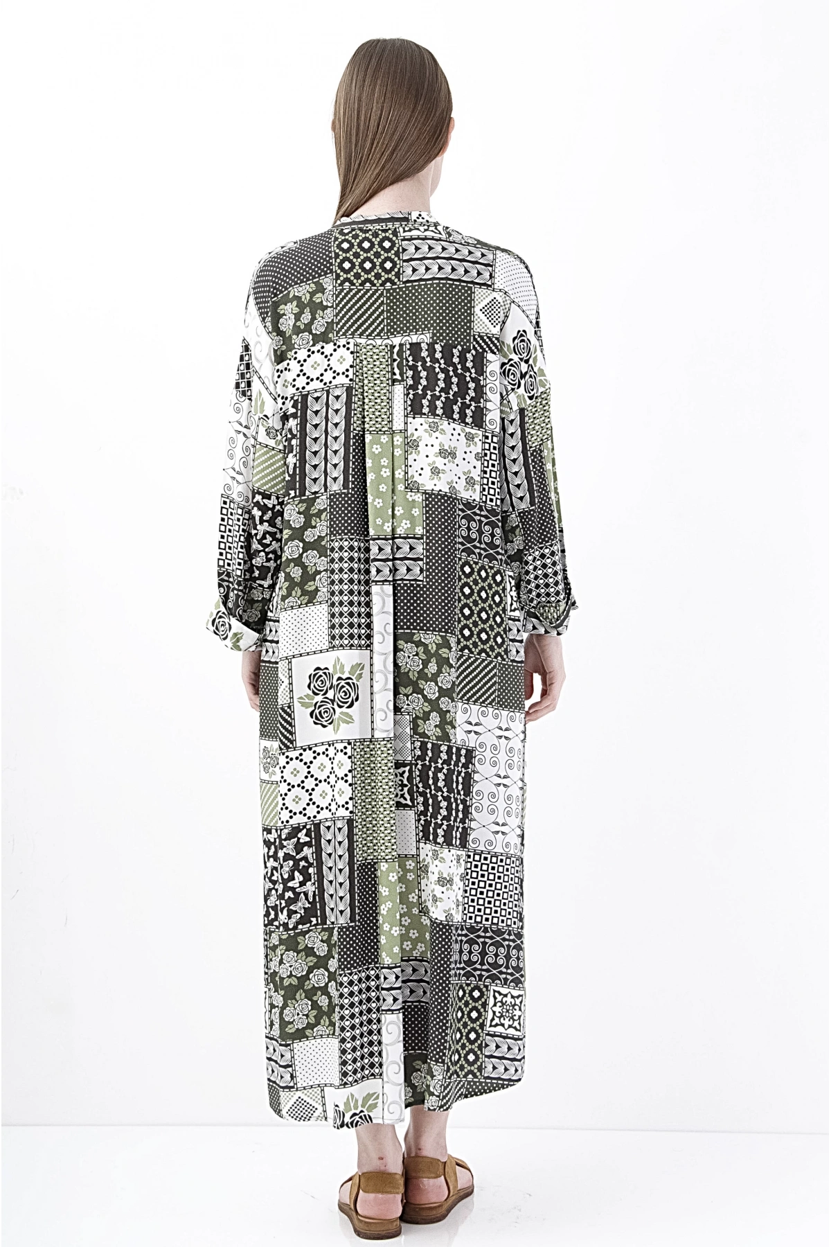 Kadın Patchwork Desenli Uzun Kollu Elbise Siyah Yeşil