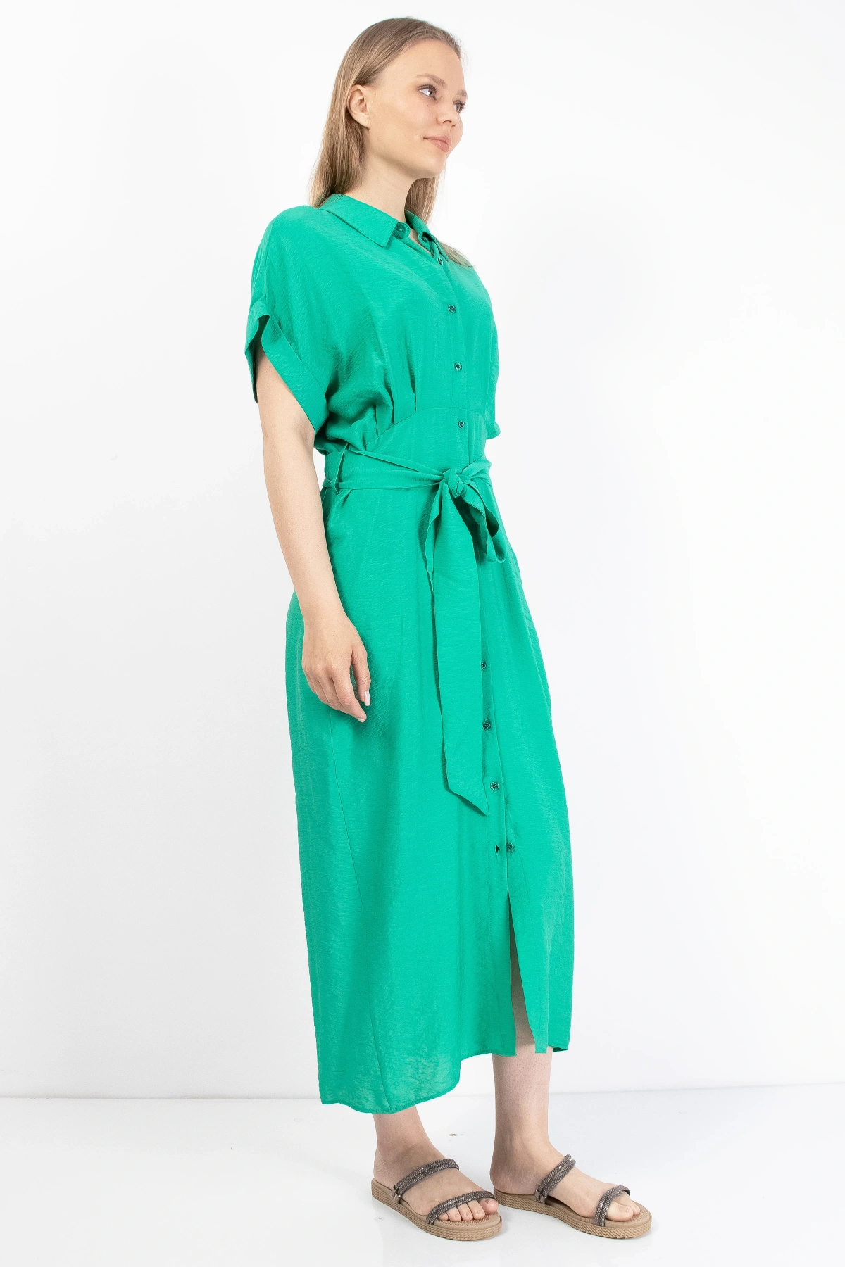 Yeşil Kadın Midi Gömlek Elbise