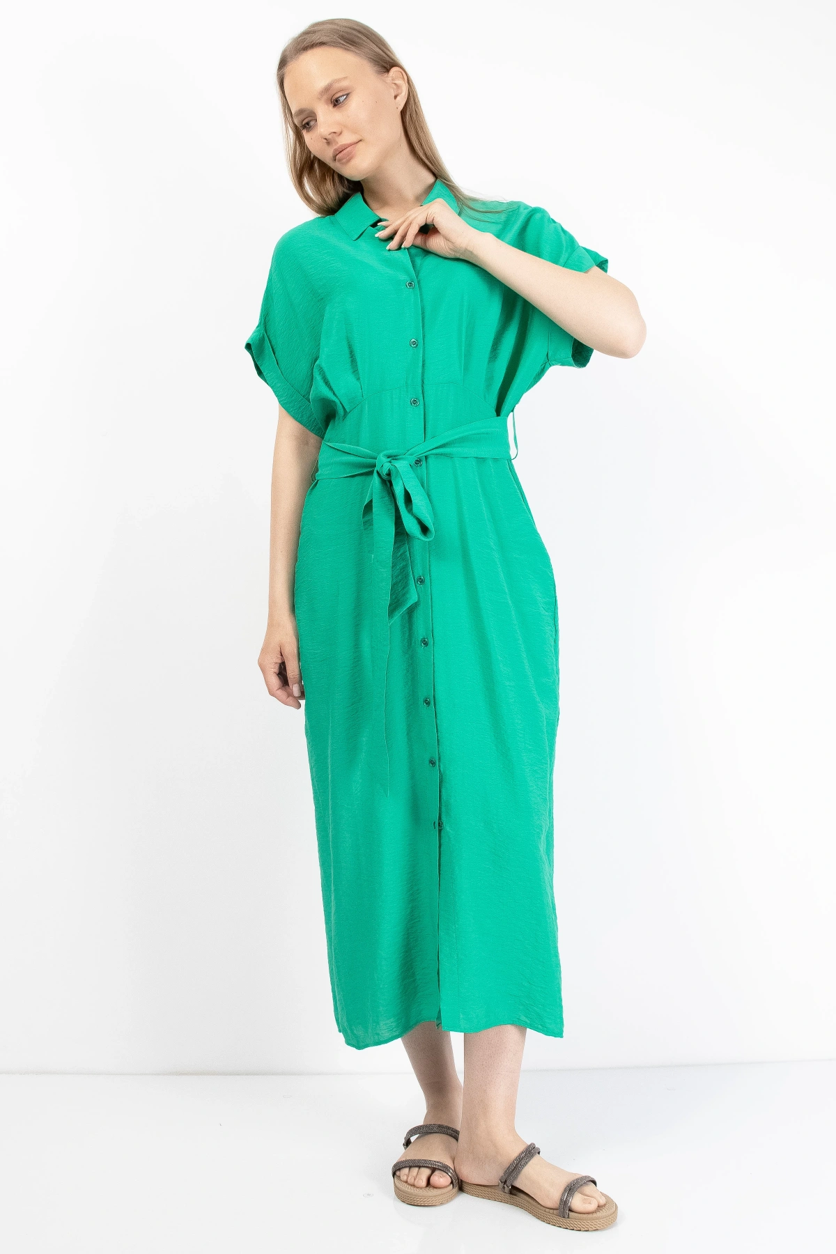 Yeşil Kadın Midi Gömlek Elbise