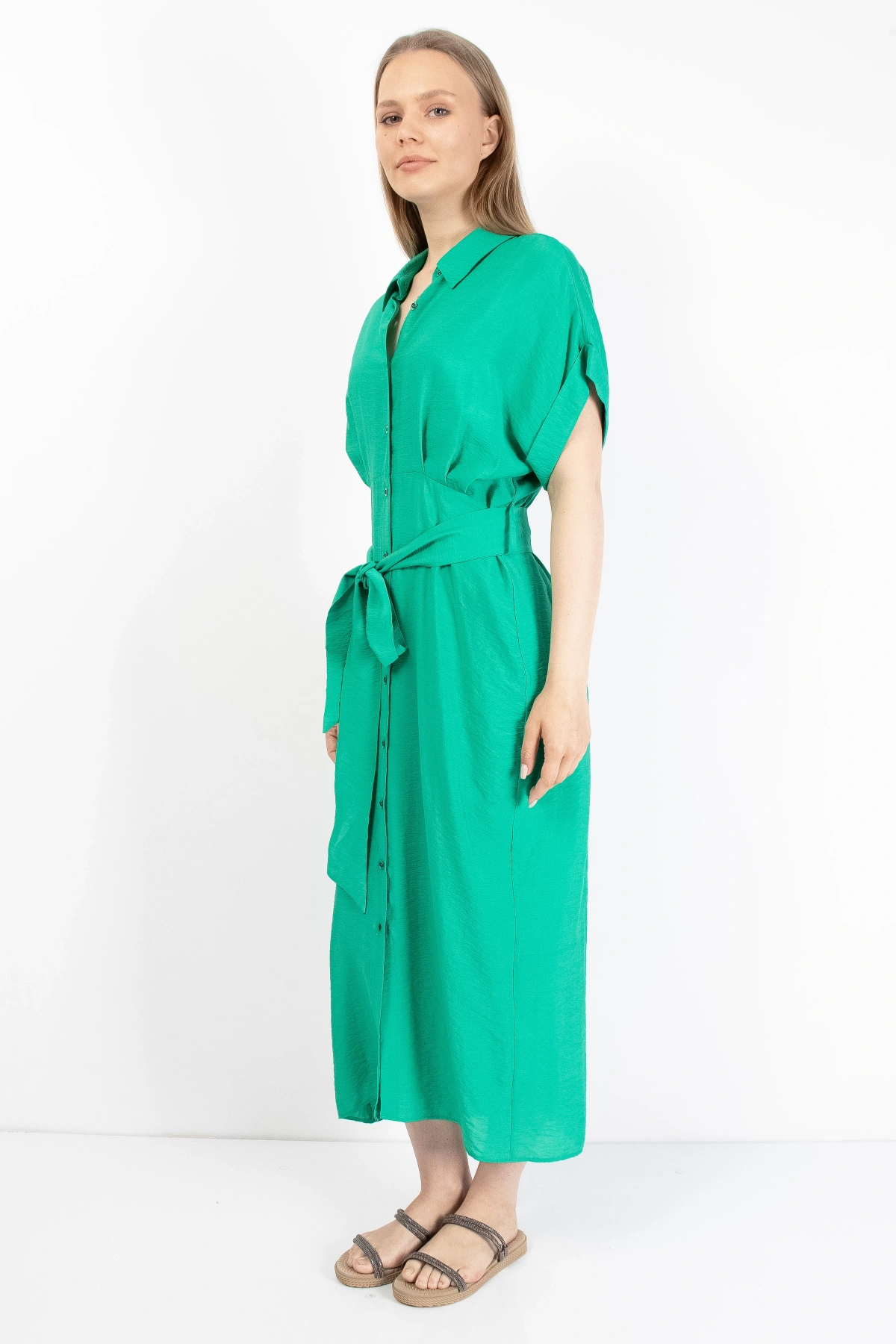Yeşil Kadın Midi Gömlek Elbise