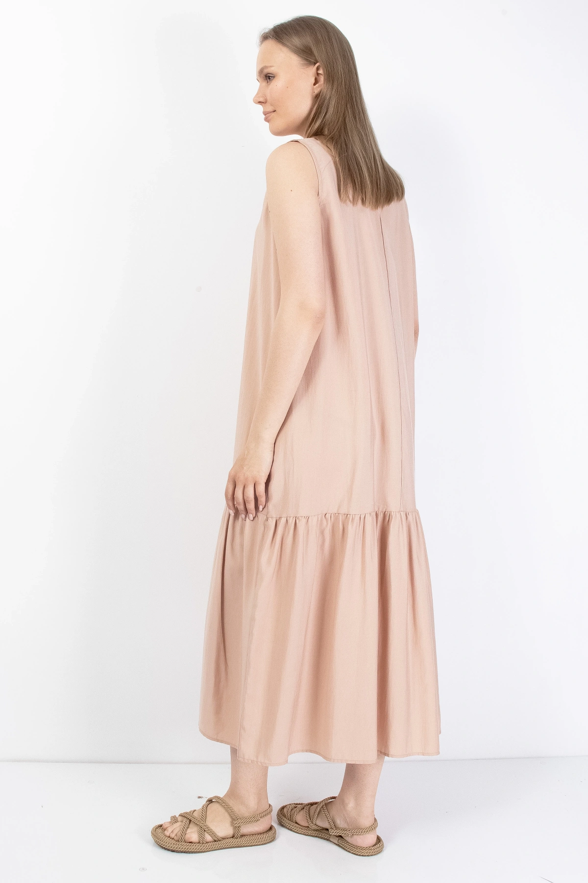 Pembe Volanlı Kadın Midi Elbise