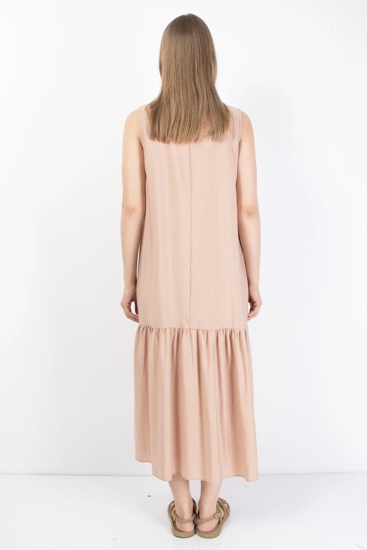 Pembe Volanlı Kadın Midi Elbise