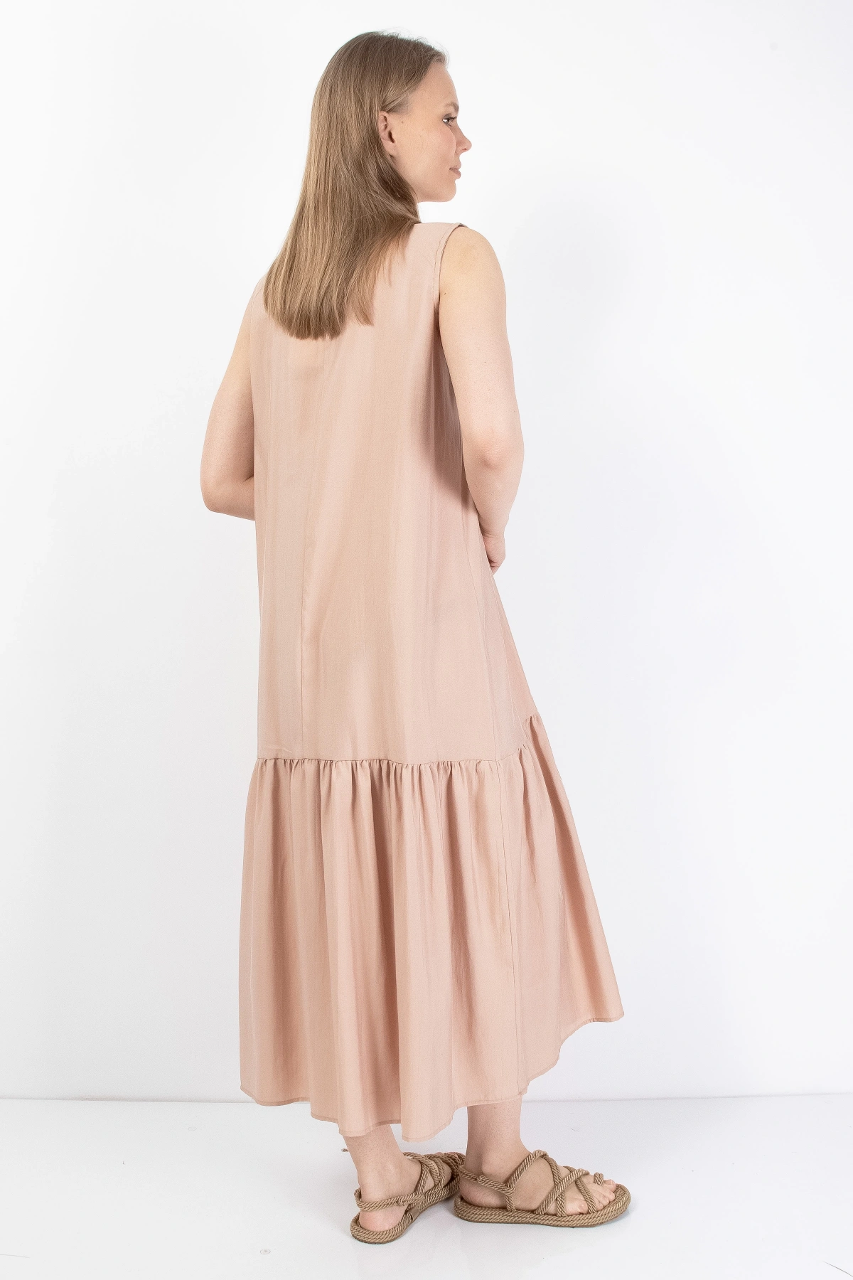 Pembe Volanlı Kadın Midi Elbise