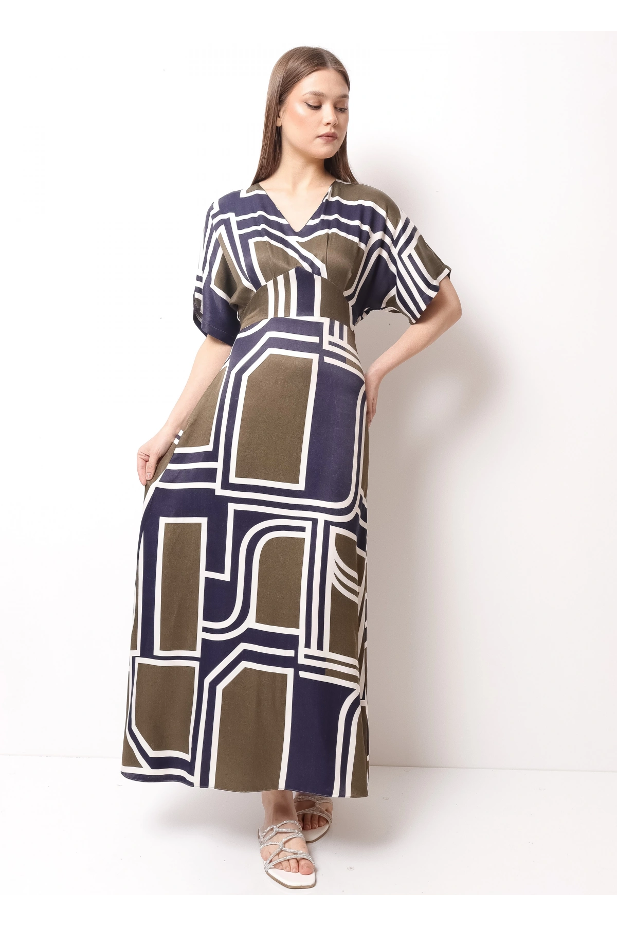 Yeşil Mavi Floş Saten Kadın Midi Elbise