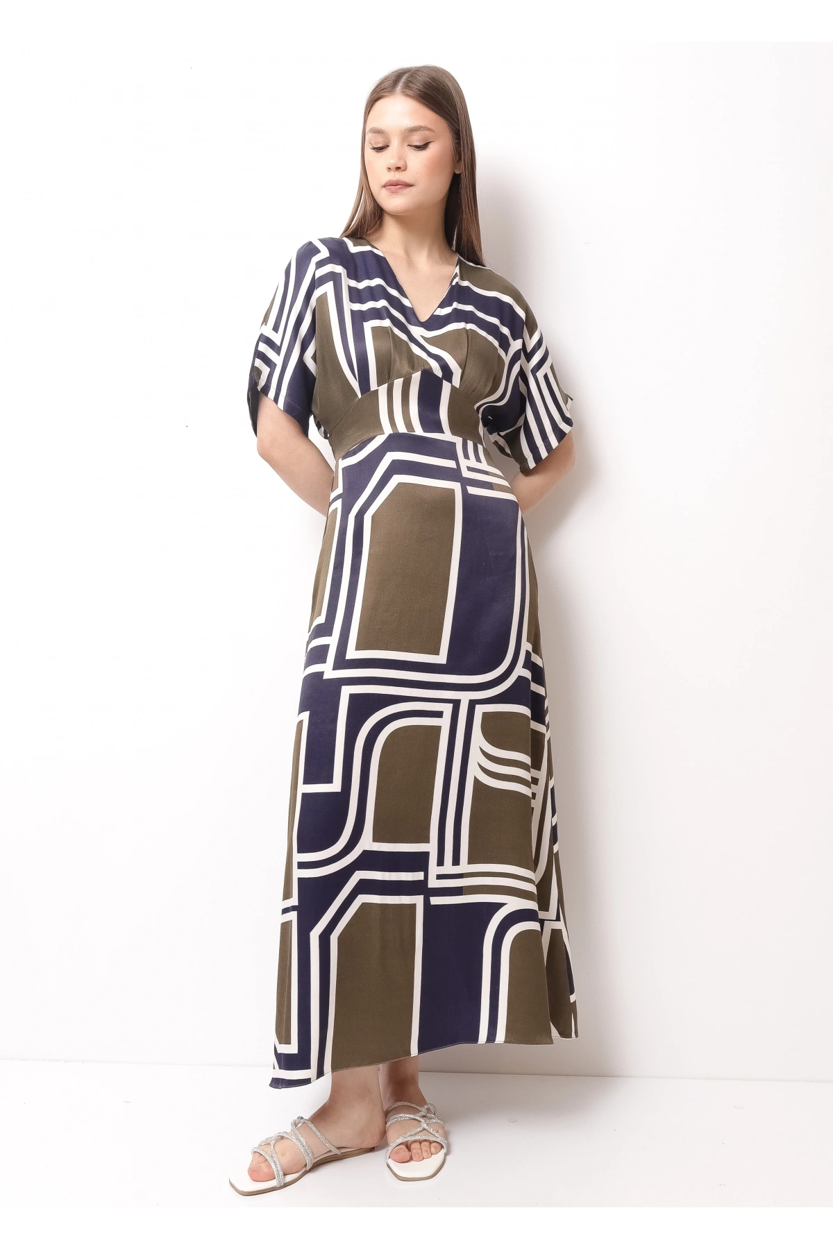 Yeşil Mavi Floş Saten Kadın Midi Elbise