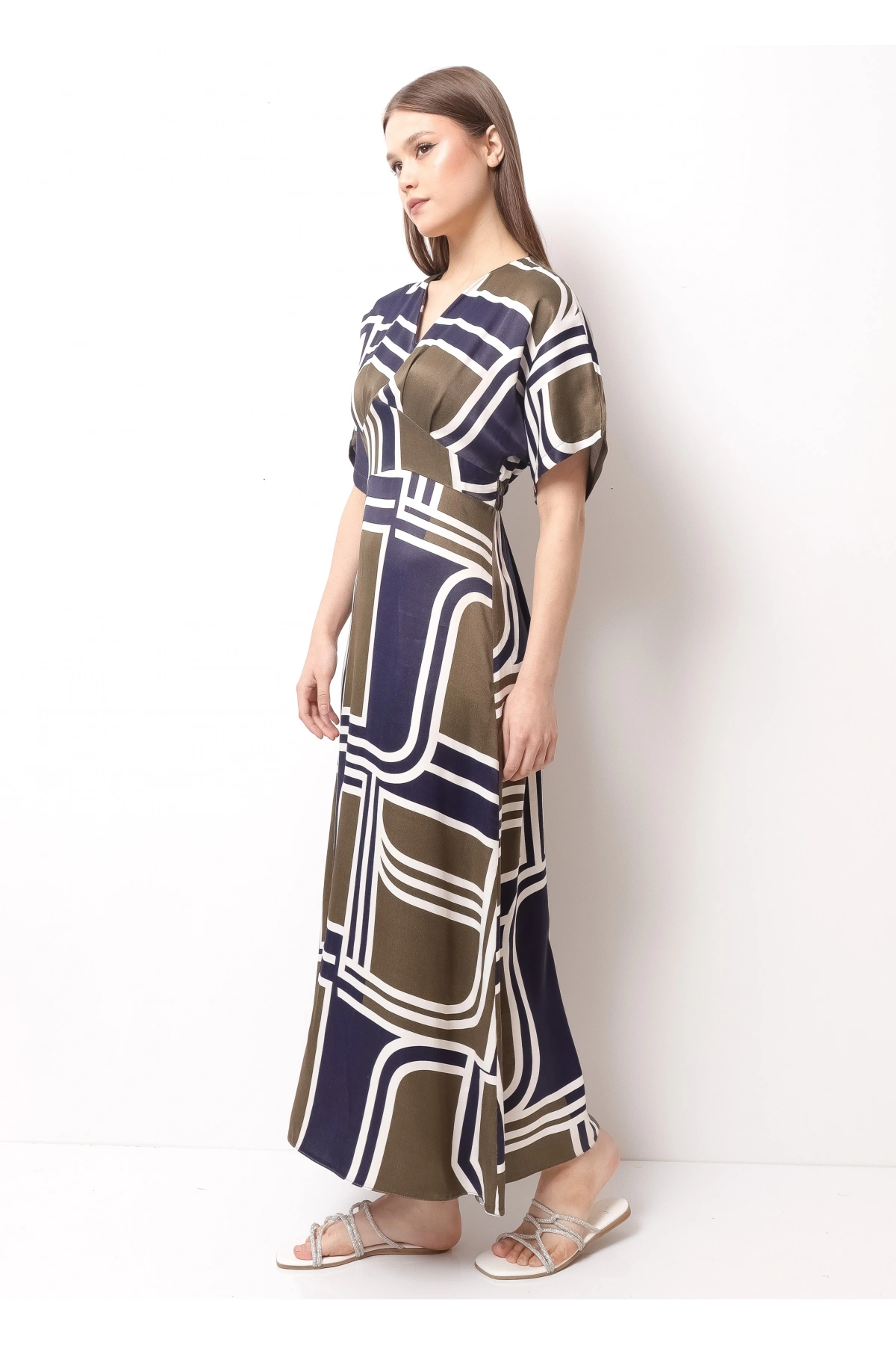 Yeşil Mavi Floş Saten Kadın Midi Elbise