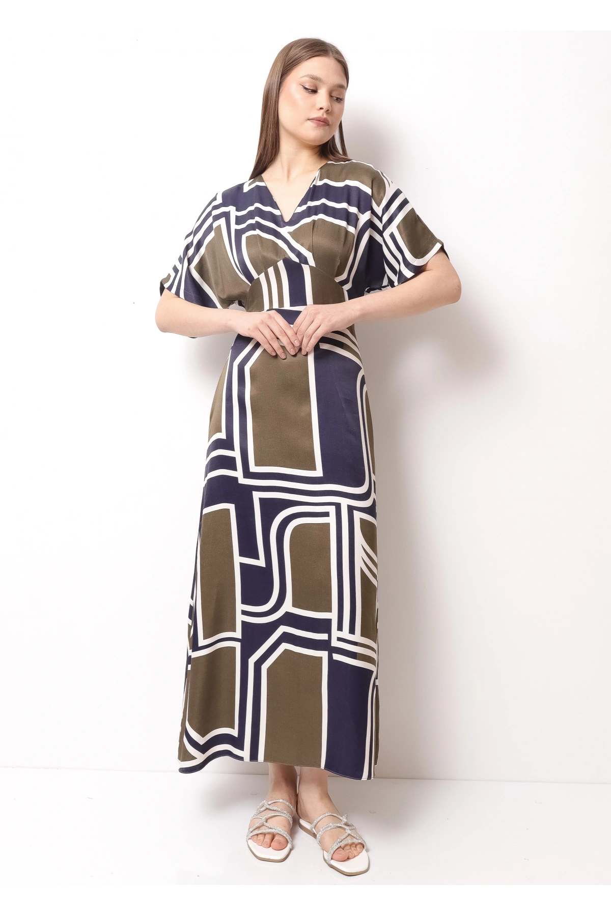 Yeşil Mavi Floş Saten Kadın Midi Elbise