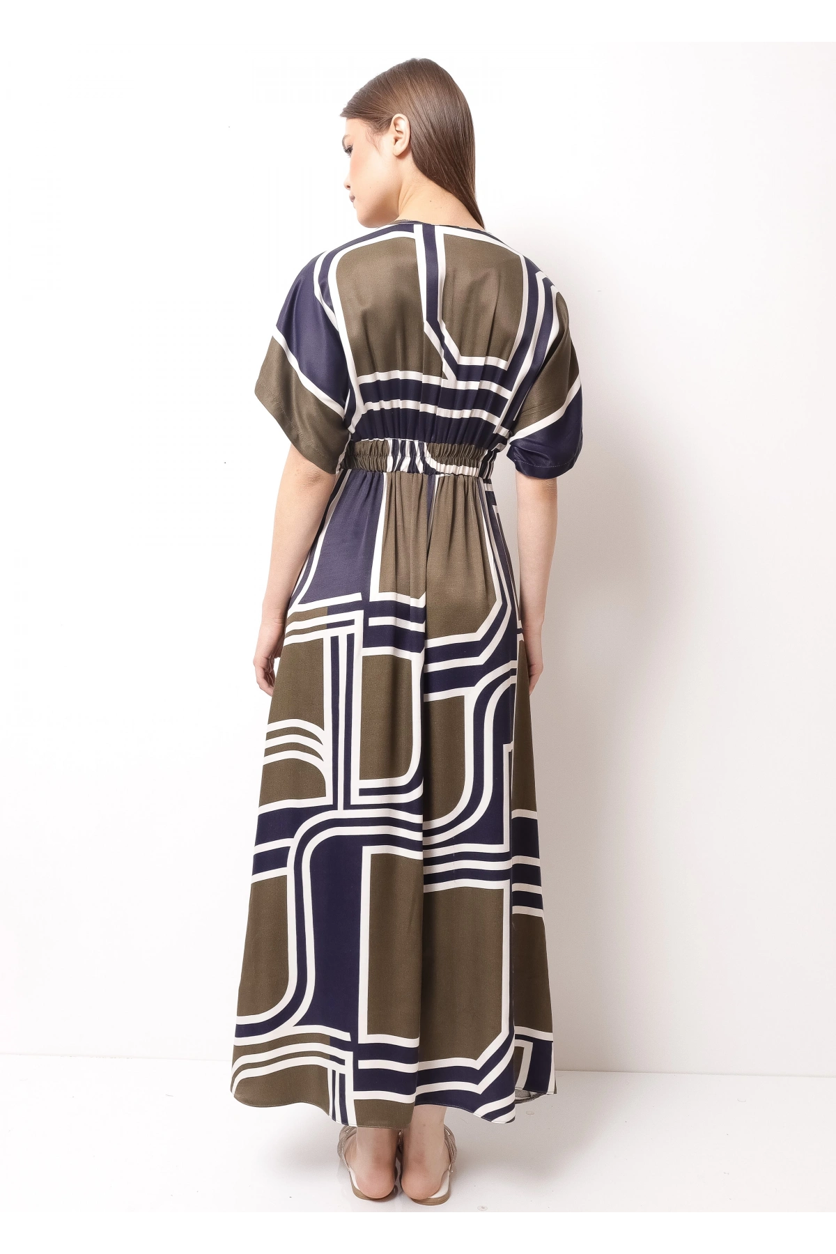 Yeşil Mavi Floş Saten Kadın Midi Elbise