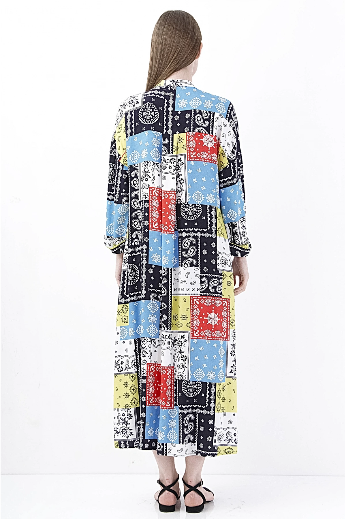 Bayan Renkli Desenli Uzun Şifon Elbise Tesettür Moda