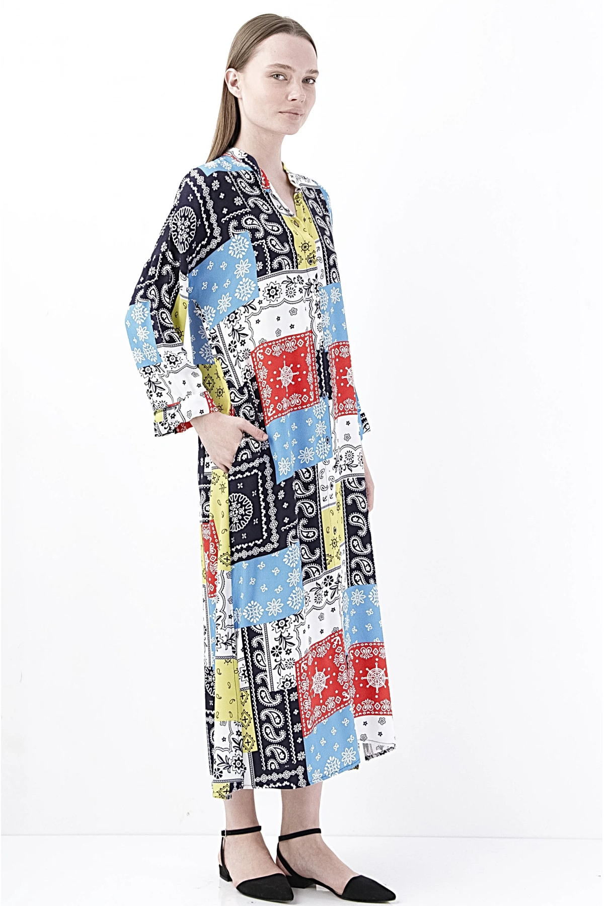 Bayan Renkli Desenli Uzun Şifon Elbise Tesettür Moda