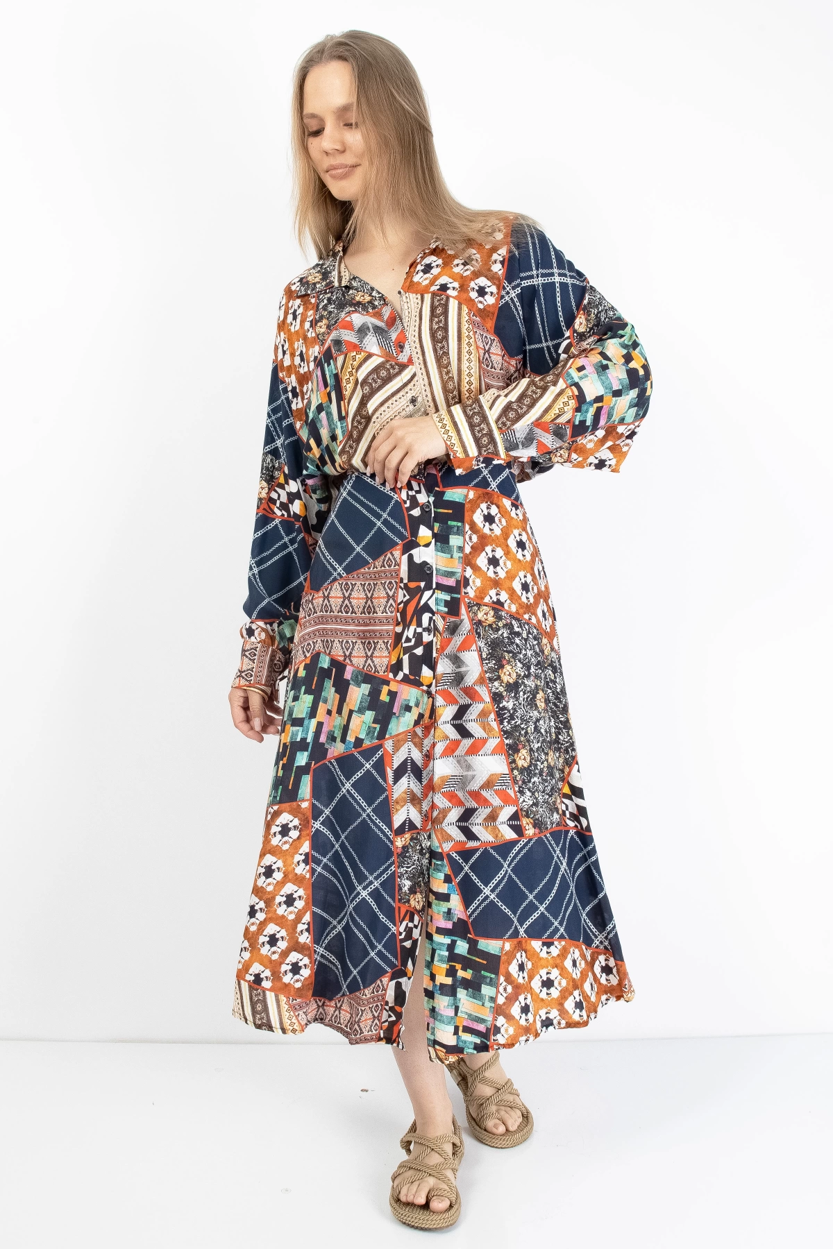 Bohem Patchwork Desenli Midi Elbise Kadın Yazlık