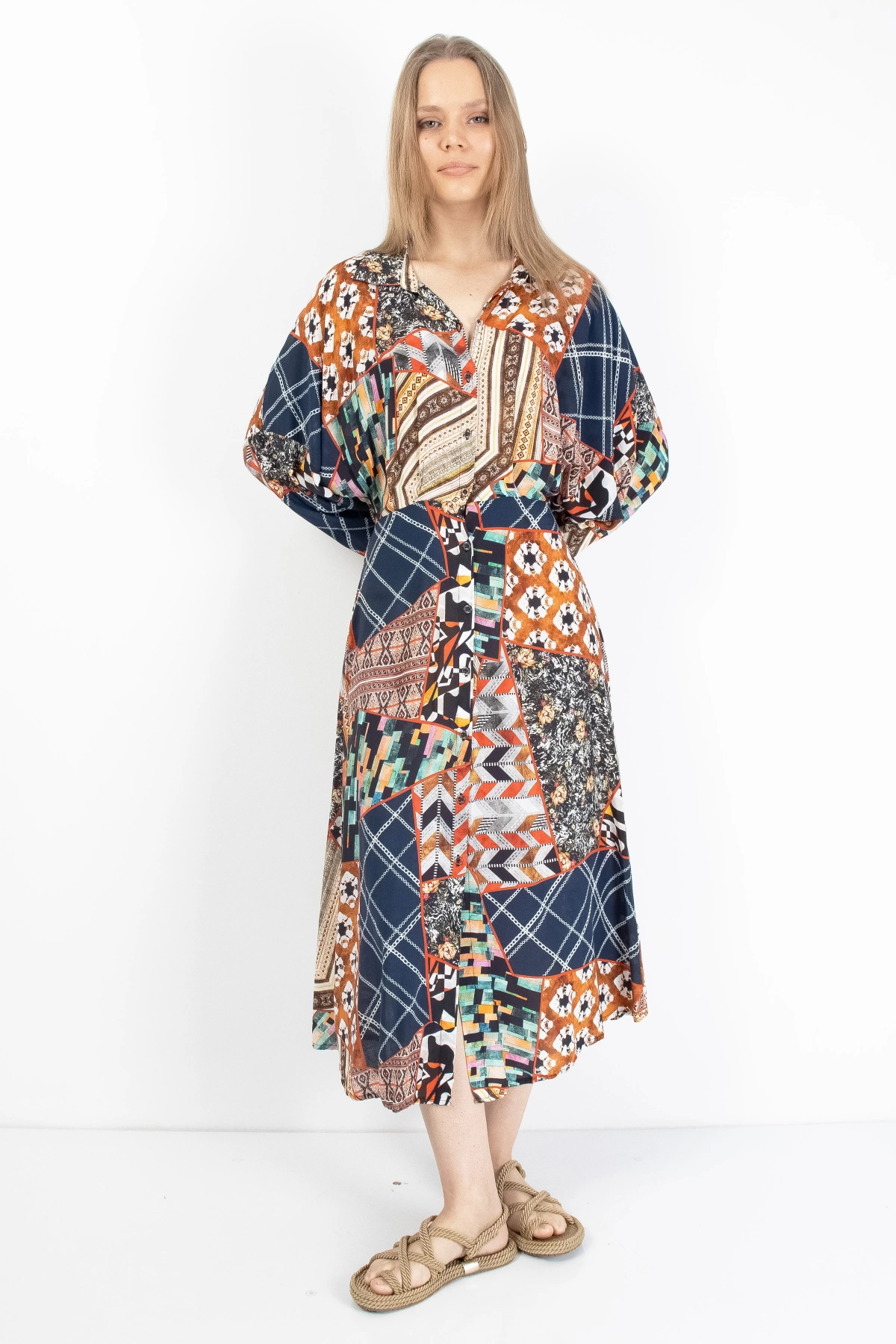 Bohem Patchwork Desenli Midi Elbise Kadın Yazlık