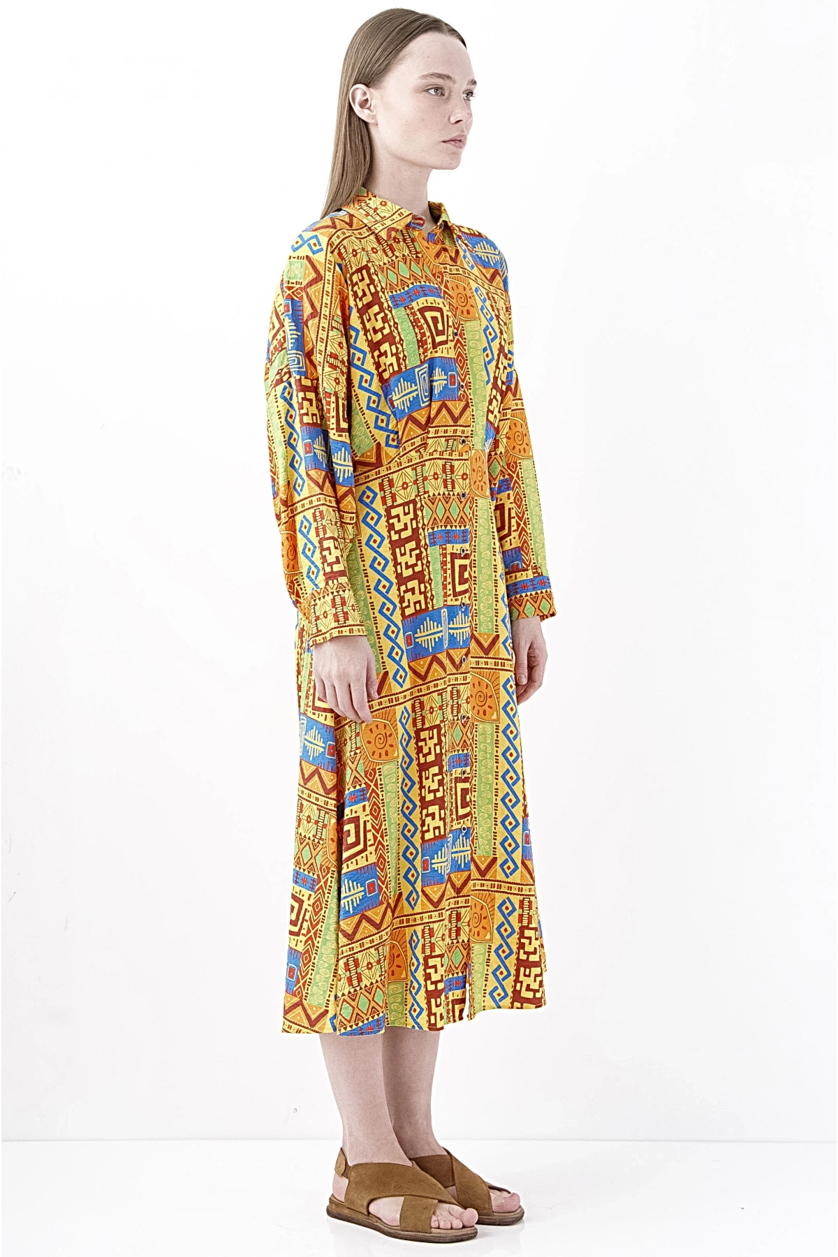 Renkli Desenli Uzun Şifon Elbise Kadın Yazlık