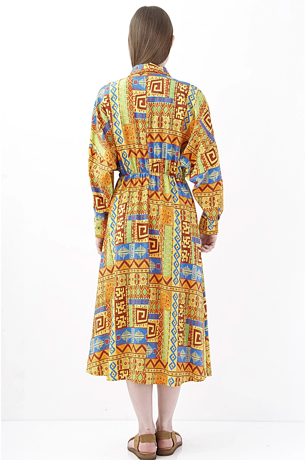 Renkli Desenli Uzun Şifon Elbise Kadın Yazlık