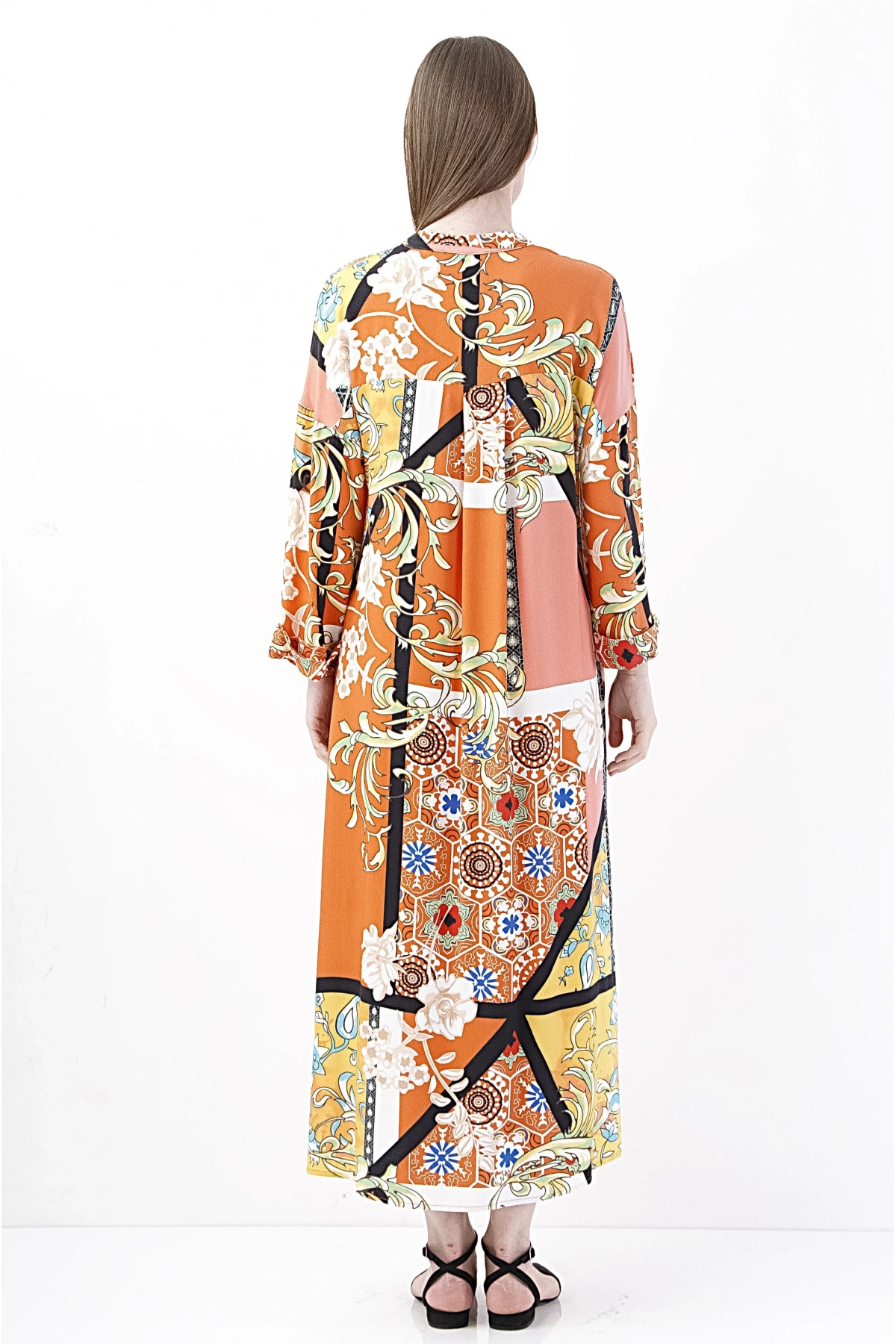 Canlı Turuncu Çiçek Desenli Midi Elbise