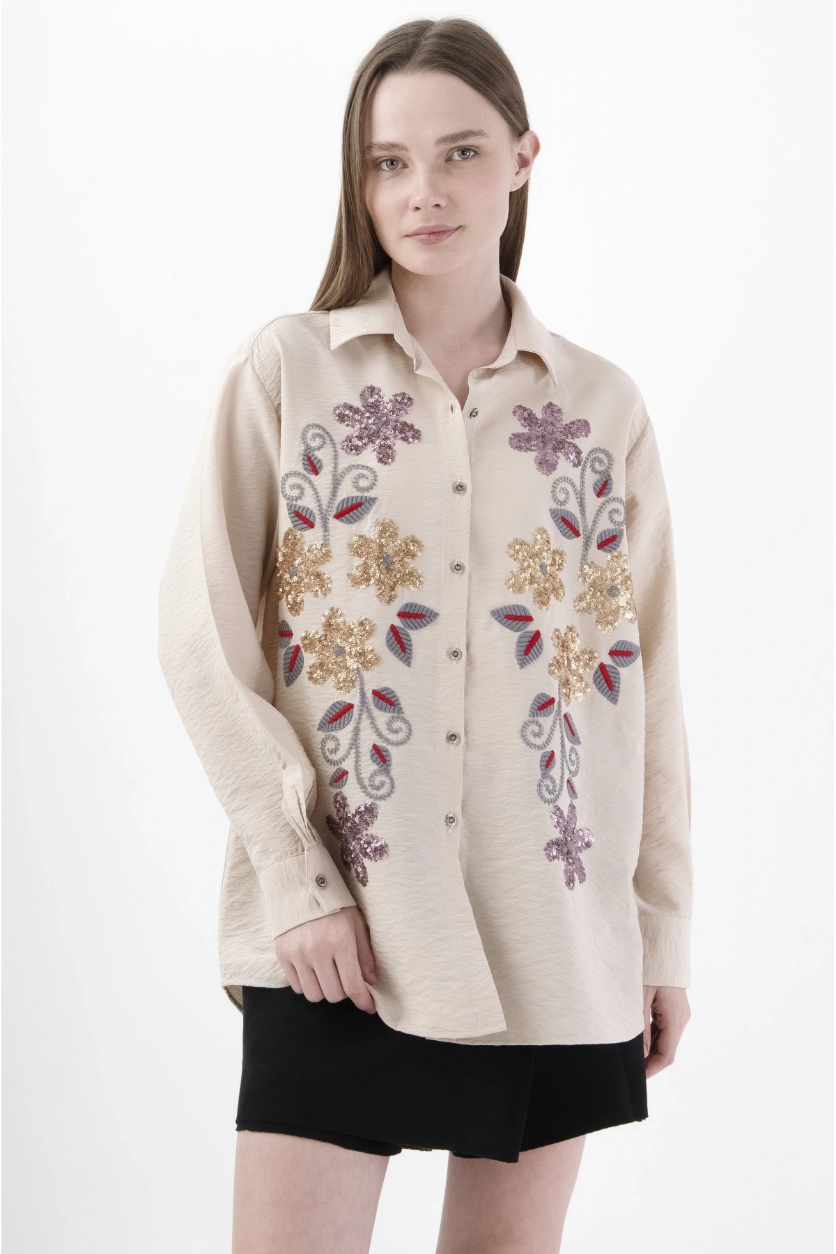 Bej Çiçek Desenli Şık Viskon Gömlek Kadın