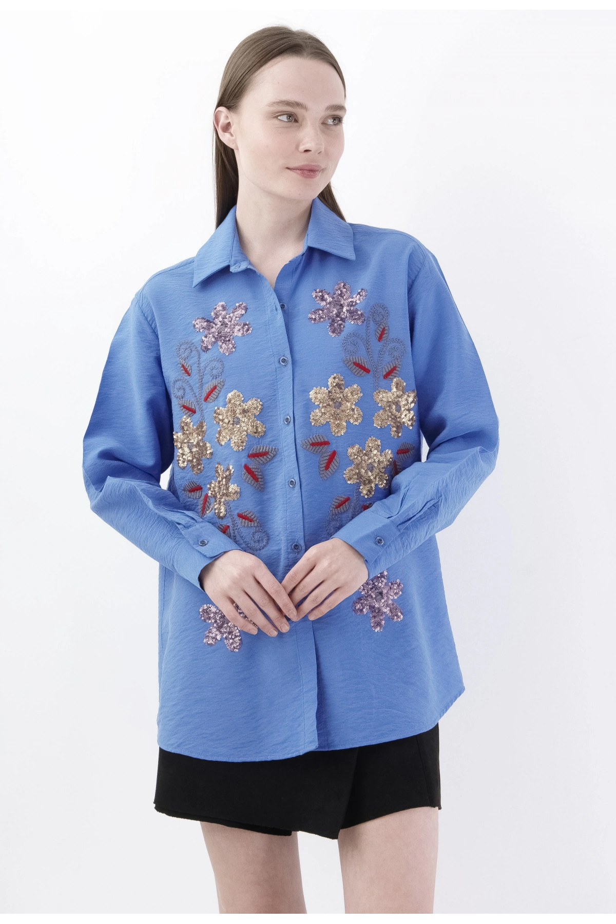 Mavi Çiçek Desenli Şık Viskon Gömlek Kadın