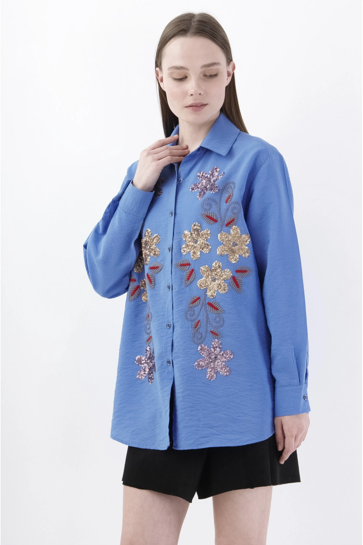Mavi Çiçek Desenli Şık Viskon Gömlek Kadın