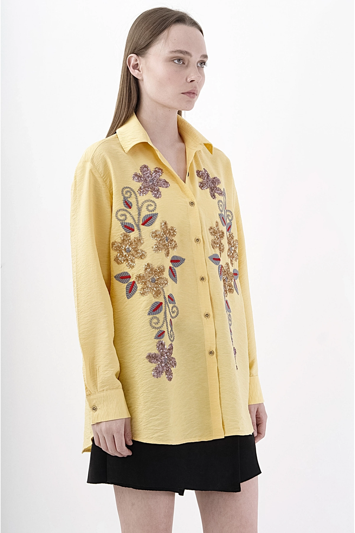 Yeşil Çiçek Desenli Şık Sarı Viskon Gömlek