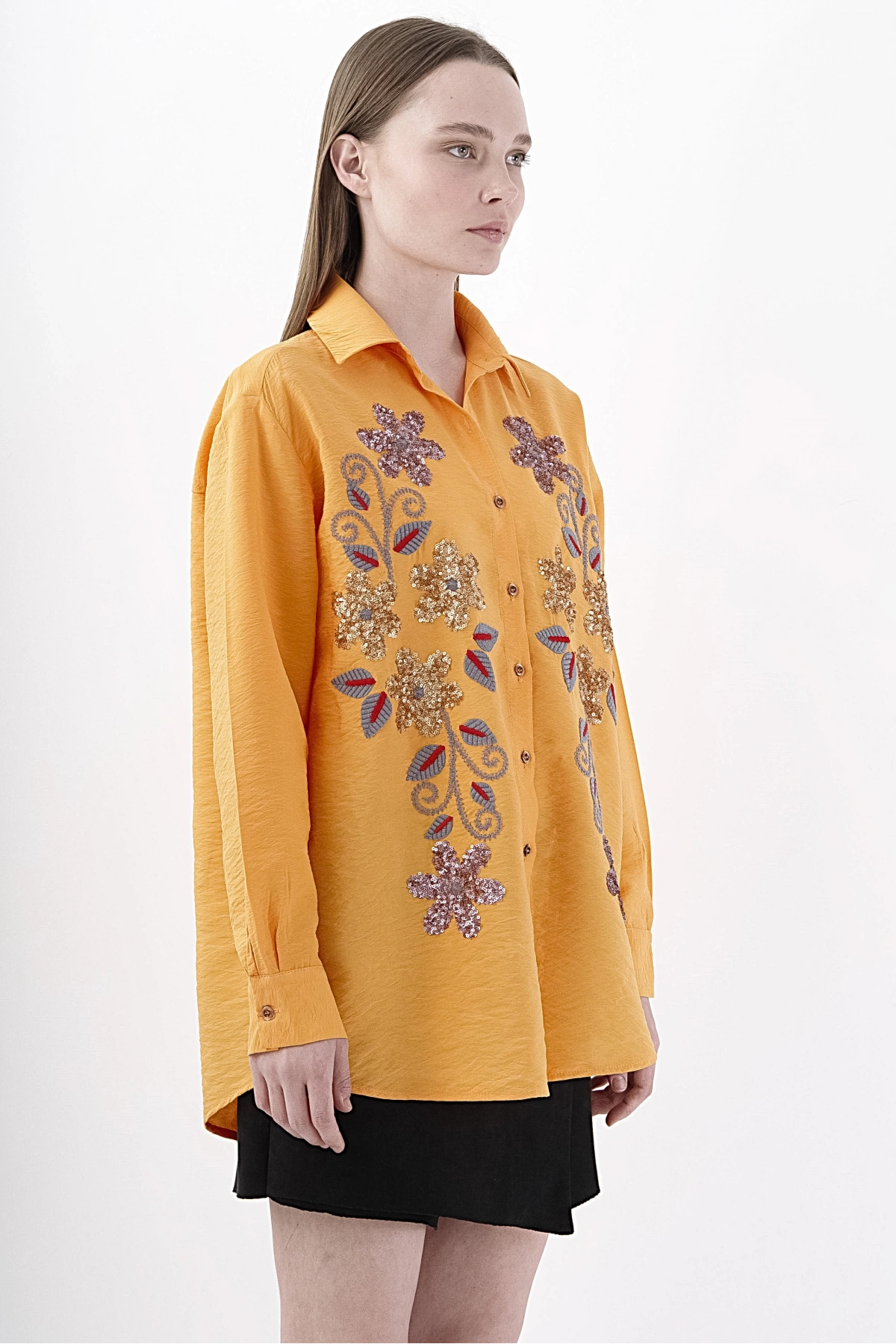 Lacivert Çiçek Desenli Şık Turuncu Viskon Gömlek