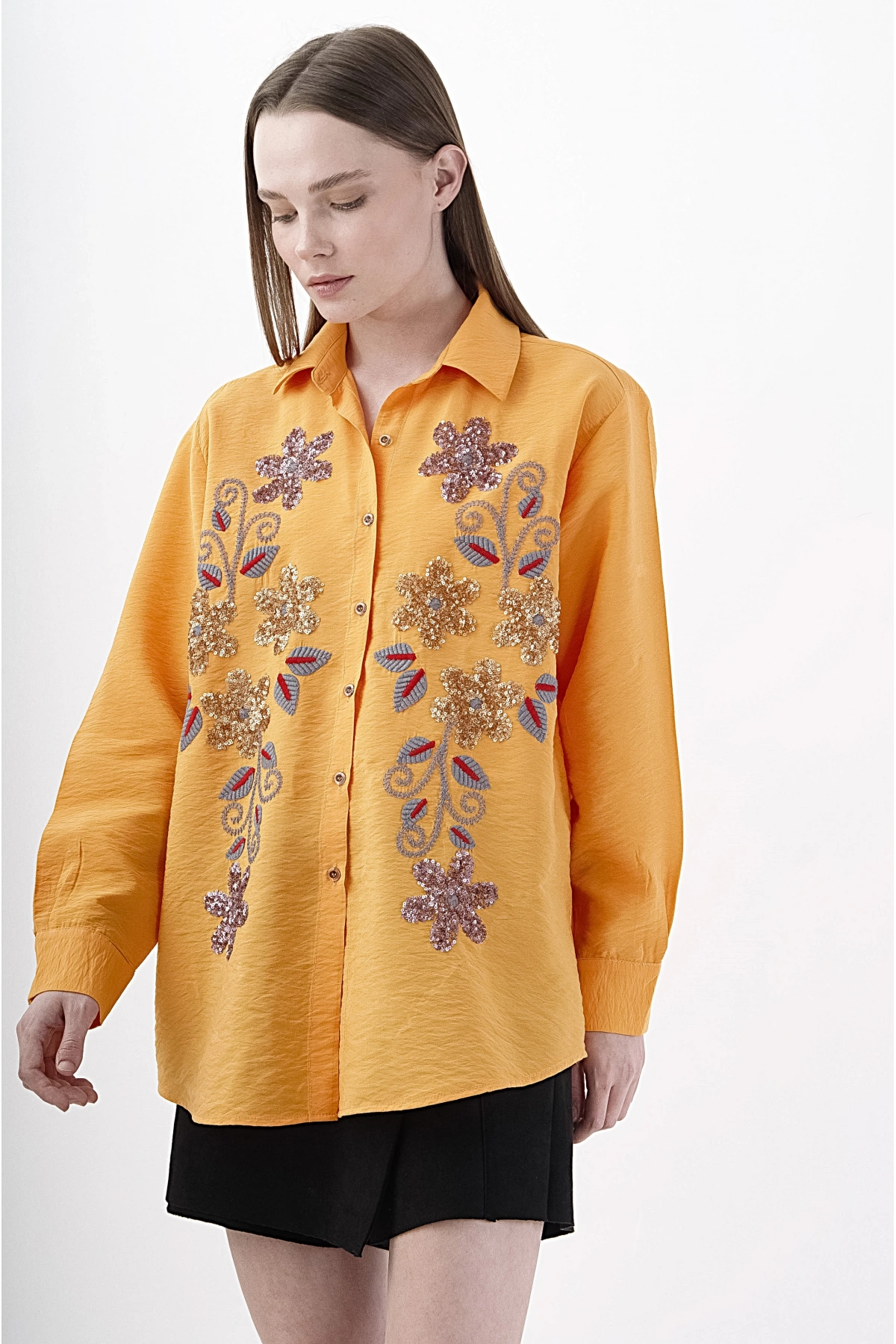 Lacivert Çiçek Desenli Şık Turuncu Viskon Gömlek