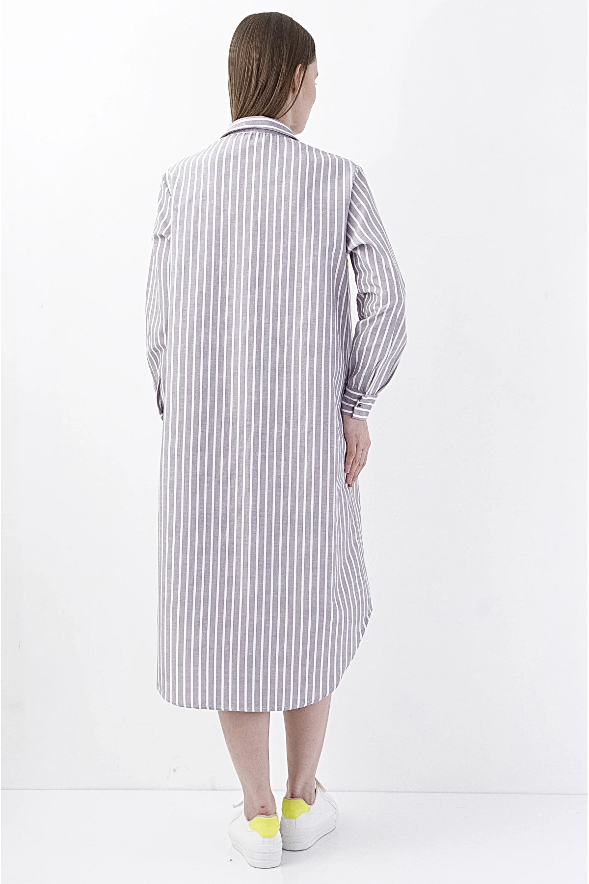 Kadın Şık Çiçekli Nakışlı Şeritli Uzun Gömlek Elbise