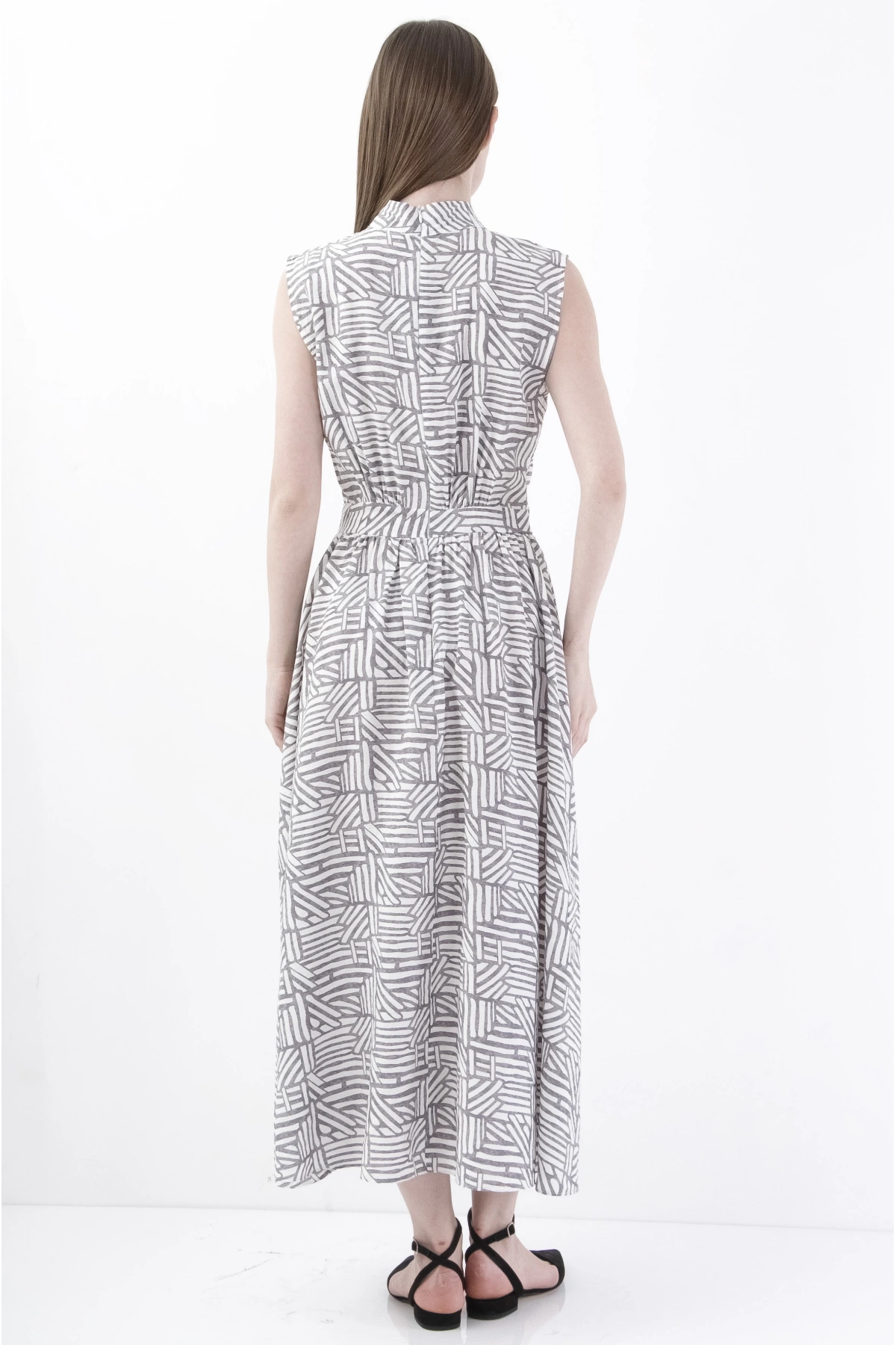 Şık Elegant Beyaz-Gri Kolsuz Midi Elbise