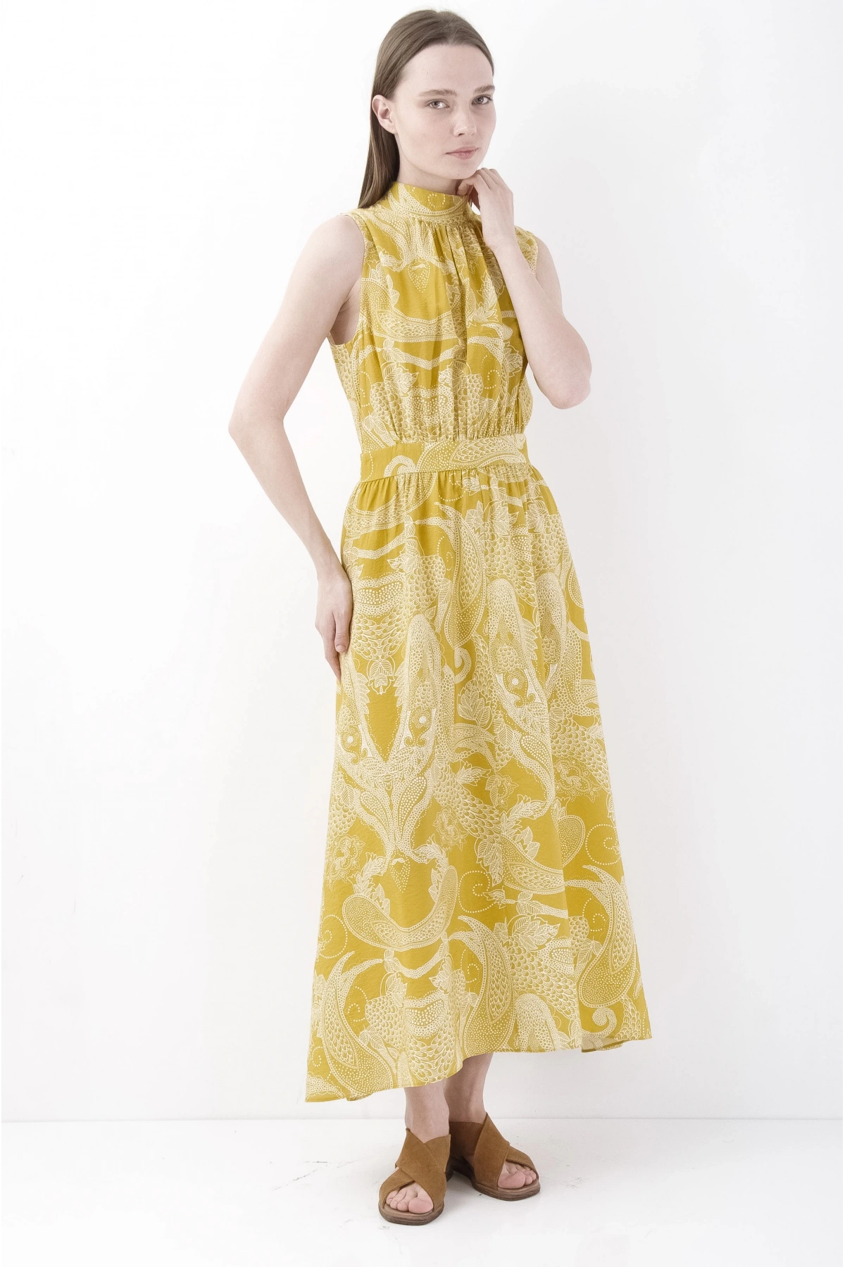 Şık Elegant Sarı Kolsuz Midi Elbise