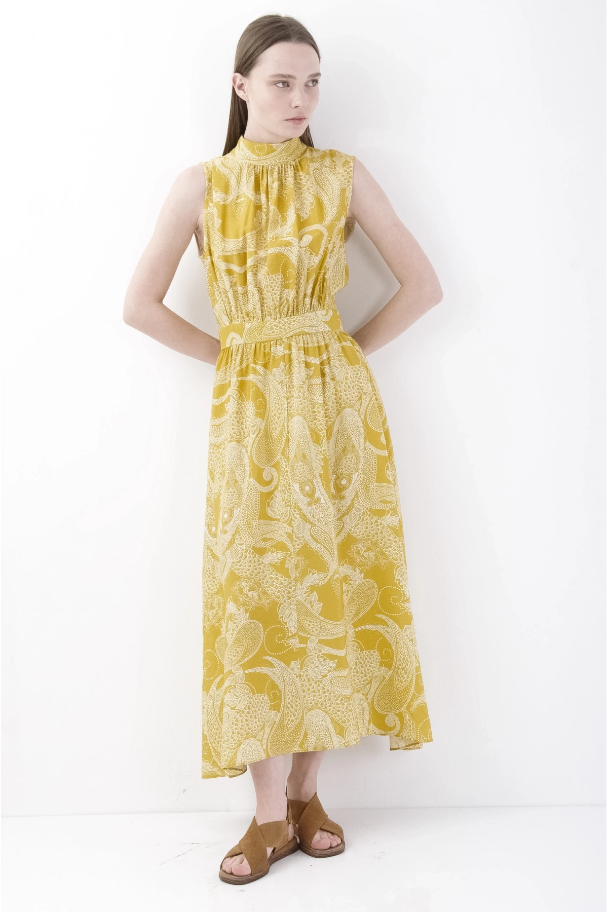 Şık Elegant Sarı Kolsuz Midi Elbise