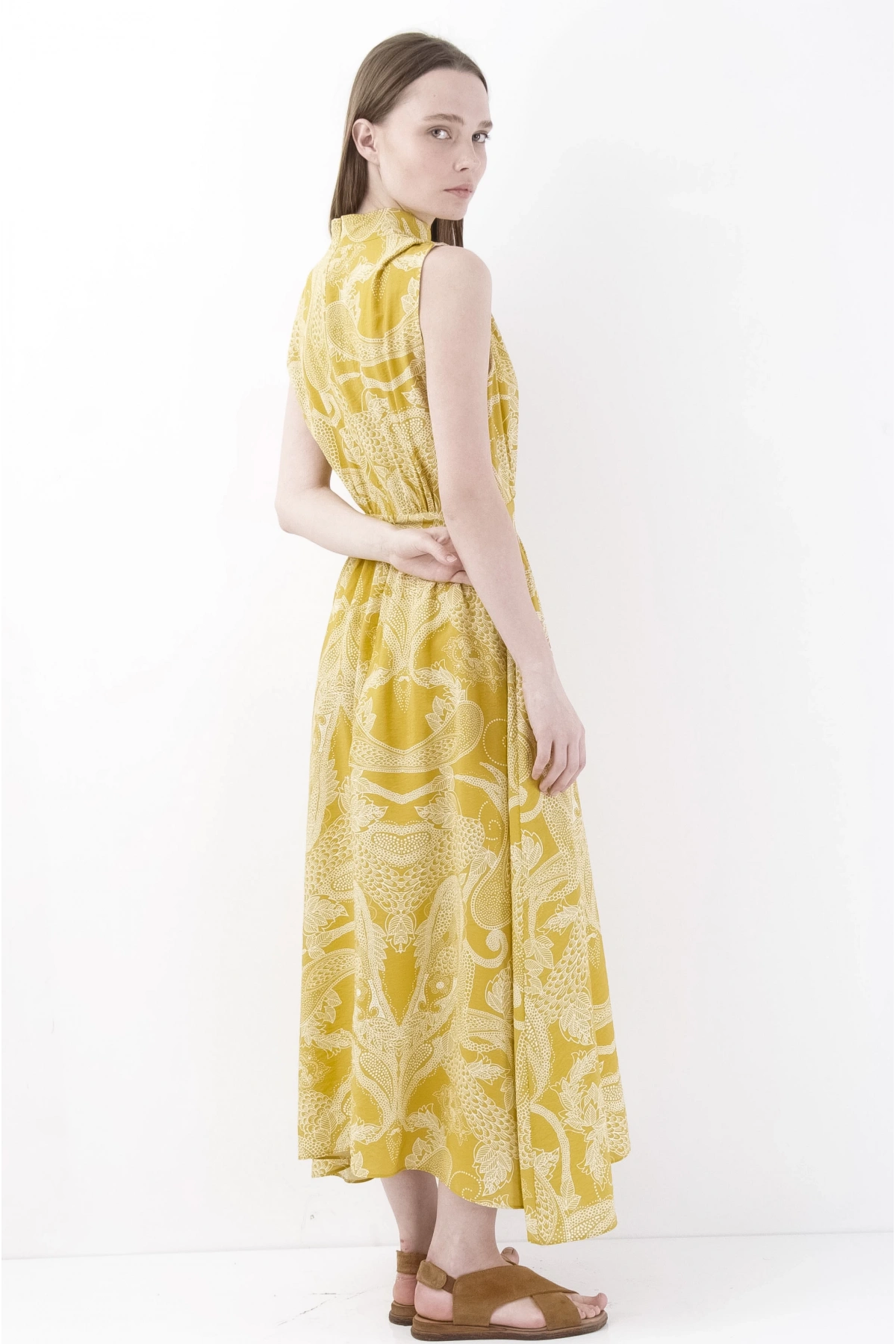 Şık Elegant Sarı Kolsuz Midi Elbise