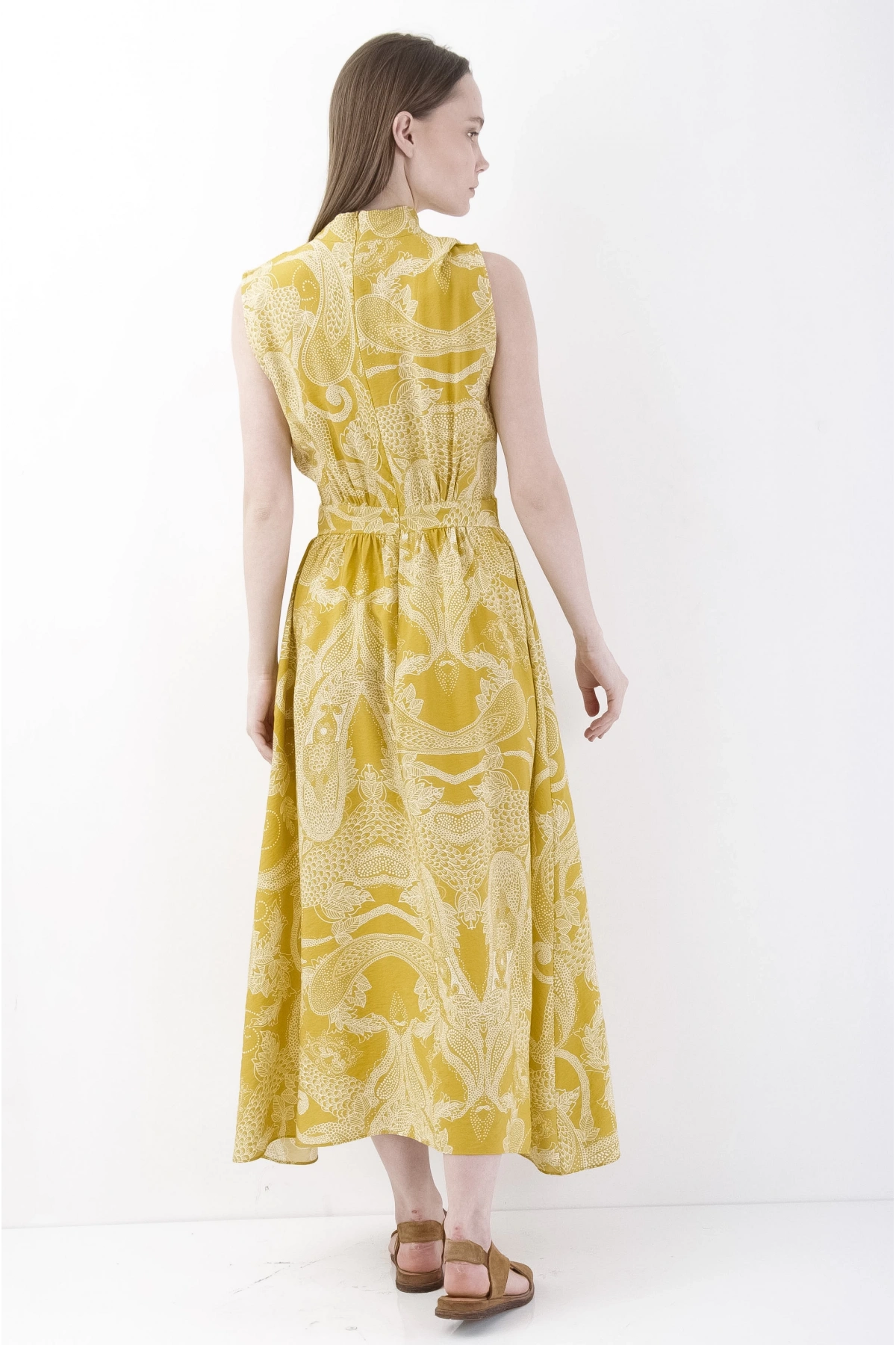 Şık Elegant Sarı Kolsuz Midi Elbise