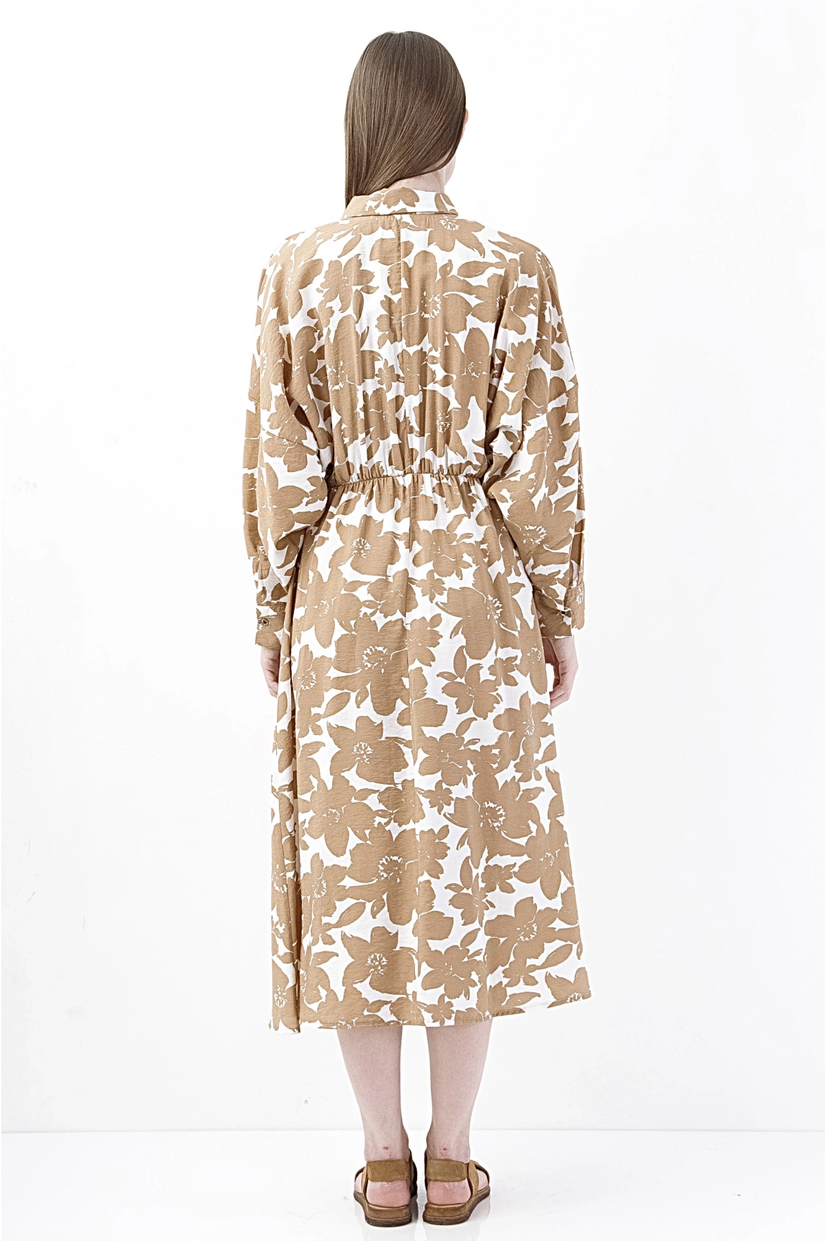 Floral Desenli Şık Uzun Kollu Bej Midi Elbise