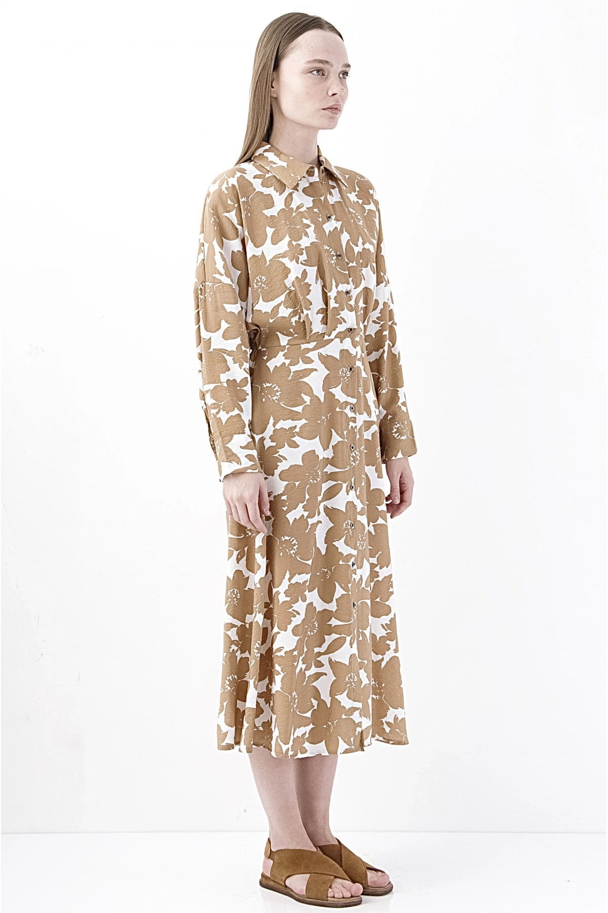 Floral Desenli Şık Uzun Kollu Bej Midi Elbise