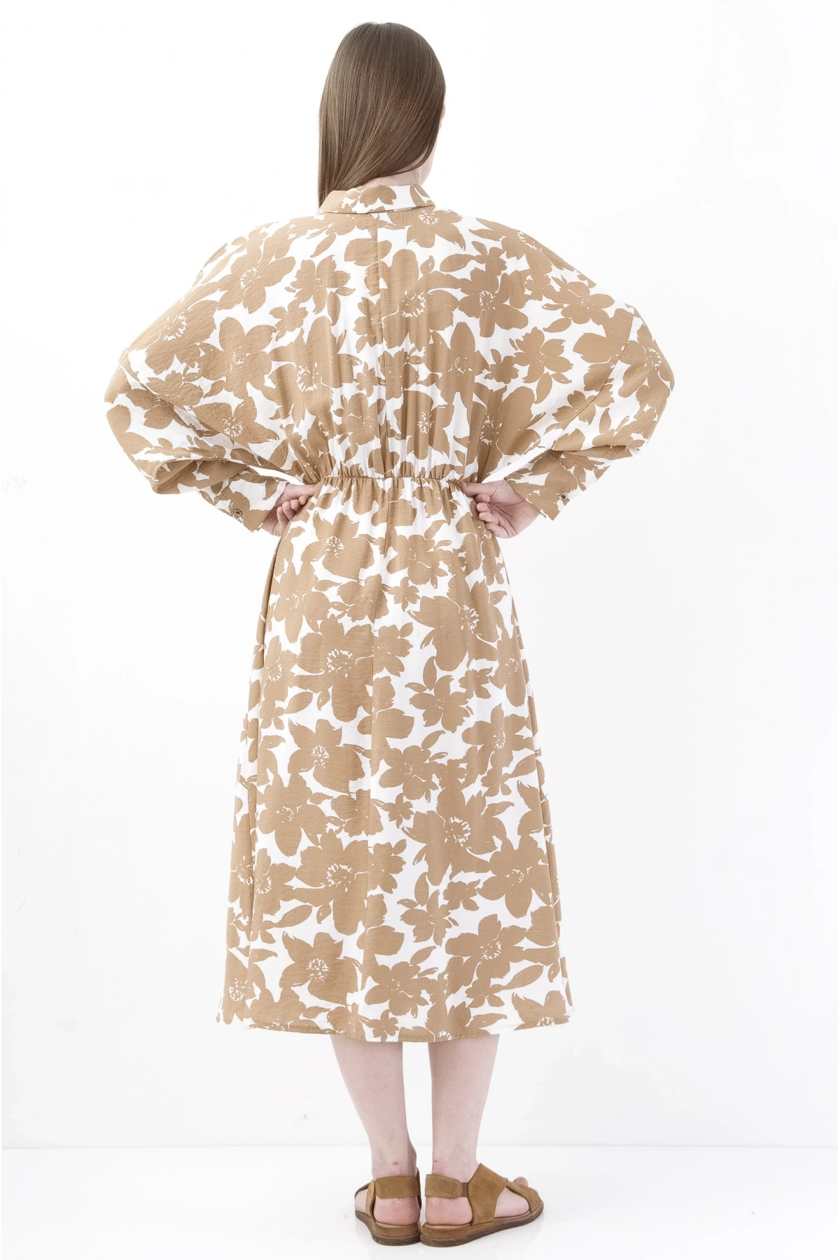 Floral Desenli Şık Uzun Kollu Bej Midi Elbise