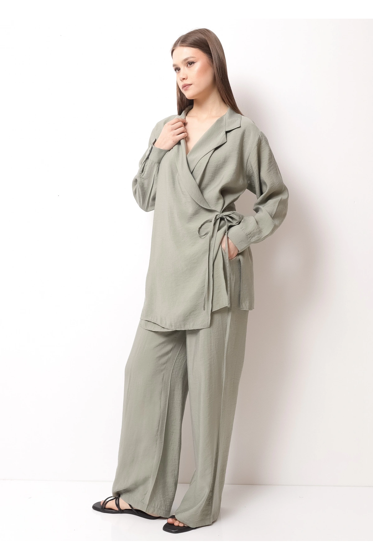 Gri Kadın Kimono Takım