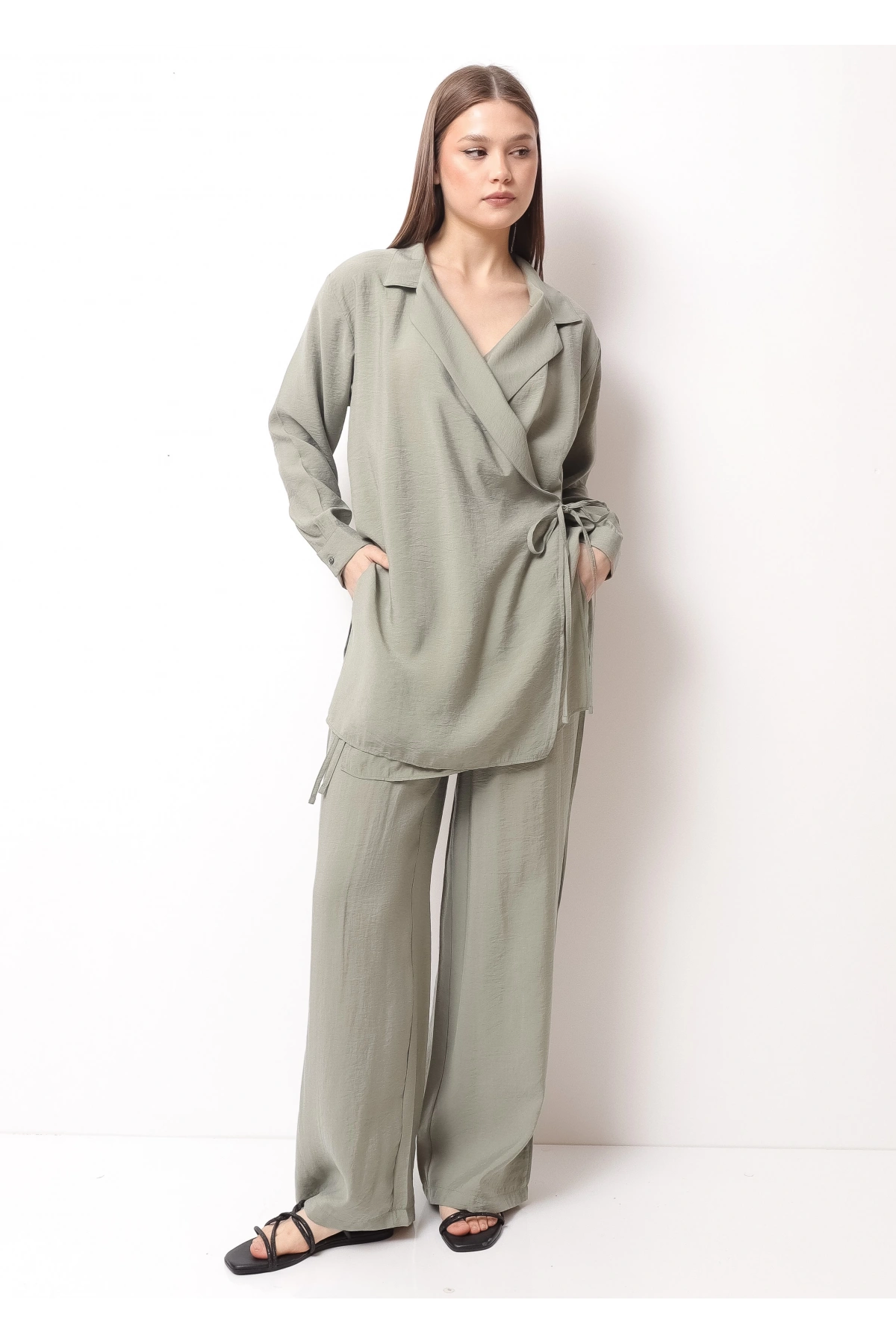 Gri Kadın Kimono Takım