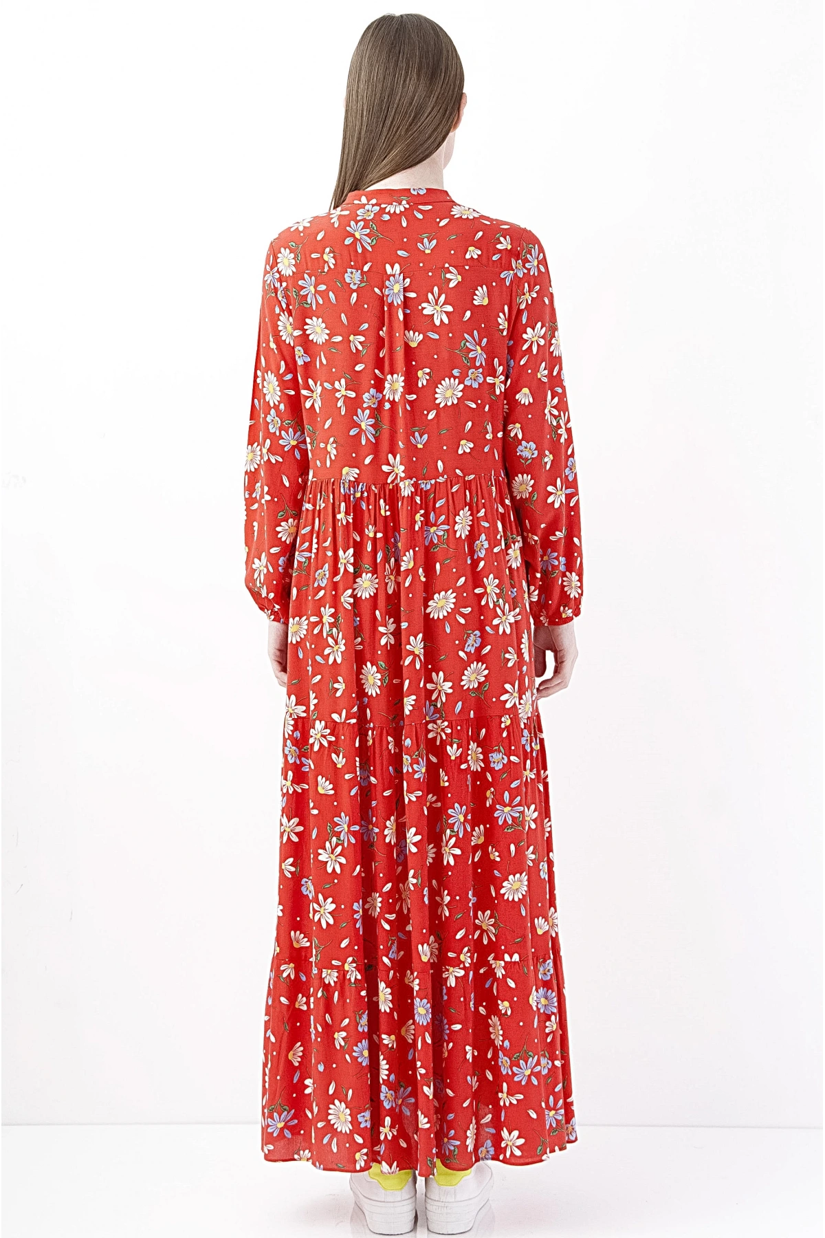 Kırmızı Çiçekli Uzun Boho Elbise Kadın Yazlık Şık