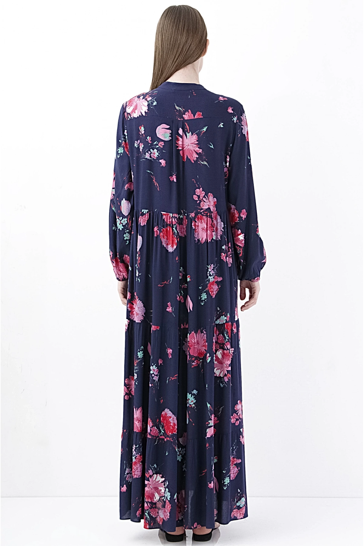 Floral Desenli Uzun Kollu Lacivert Maxi Kadın Elbise