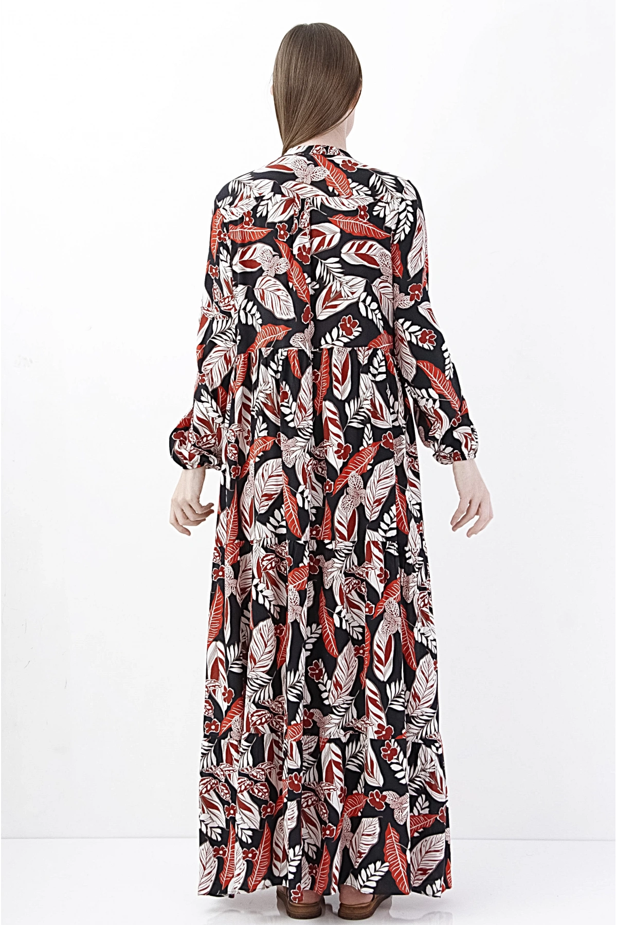 Kırmızı-Beyaz Yaprak Desenli Uzun Kollu Maxi Elbise