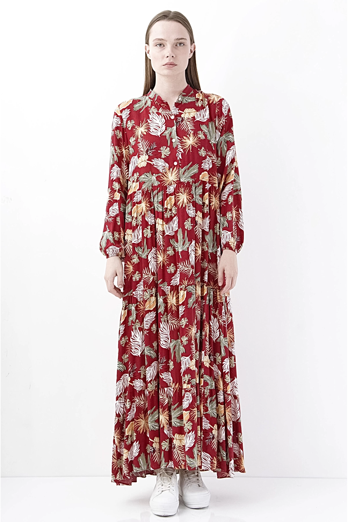 Kırmızı Desenli Maxi Elbise Kadın Yazlık Şık Boho