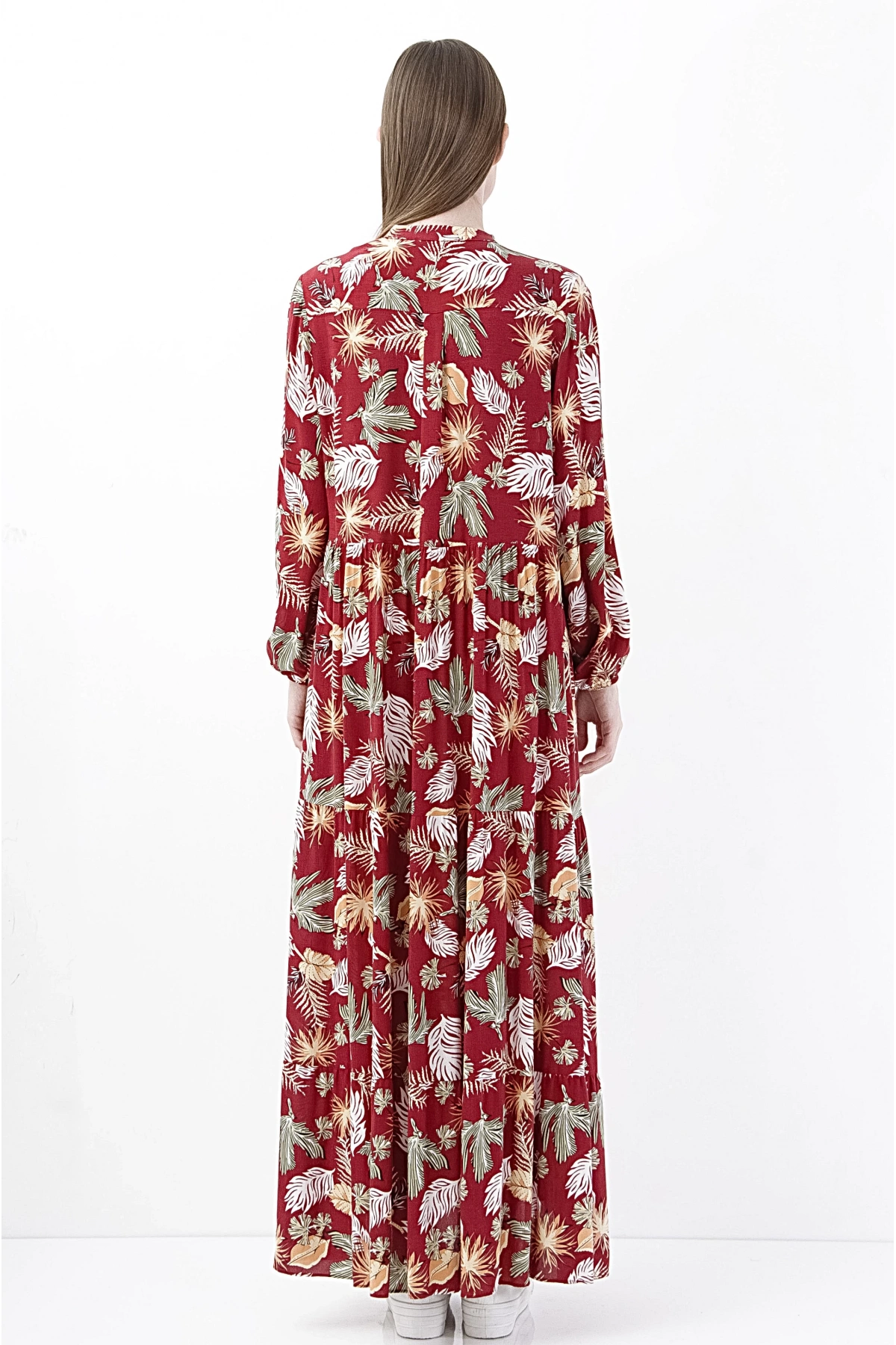 Kırmızı Desenli Maxi Elbise Kadın Yazlık Şık Boho