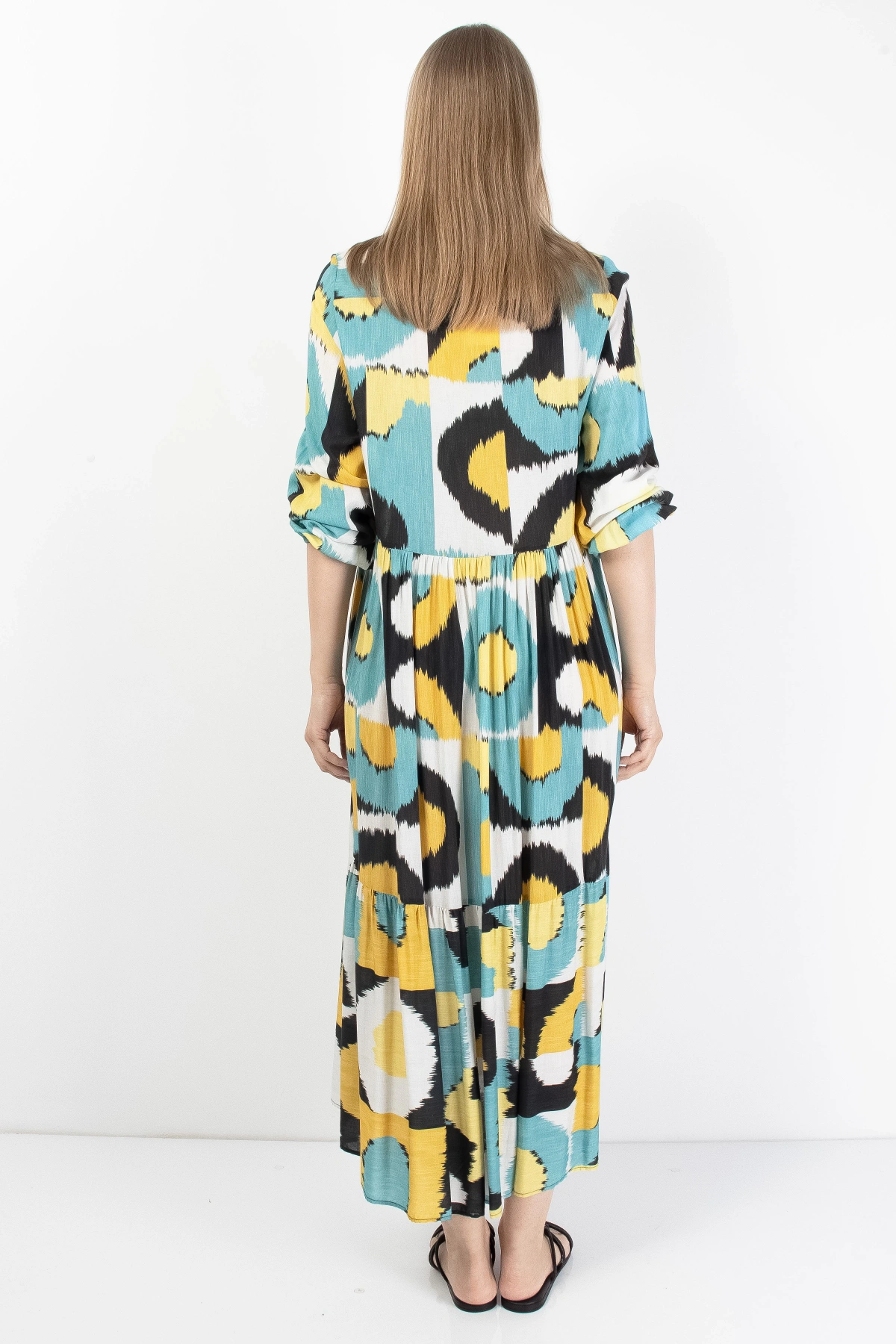 Renkli Desenli Midi Elbise Kadın Yazlık Şık Tunik