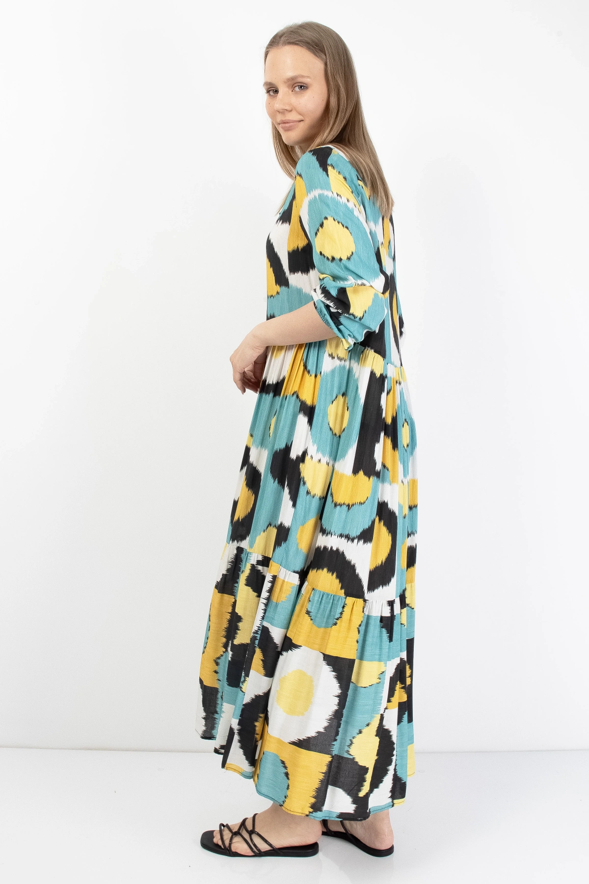 Renkli Desenli Midi Elbise Kadın Yazlık Şık Tunik