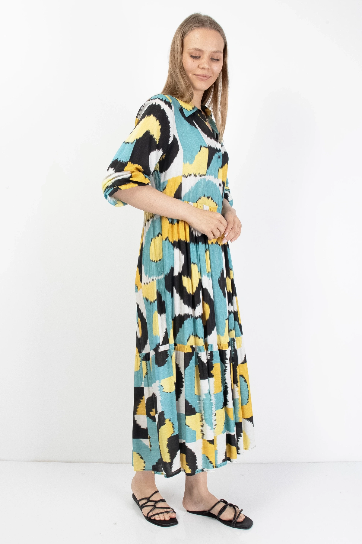 Renkli Desenli Midi Elbise Kadın Yazlık Şık Tunik