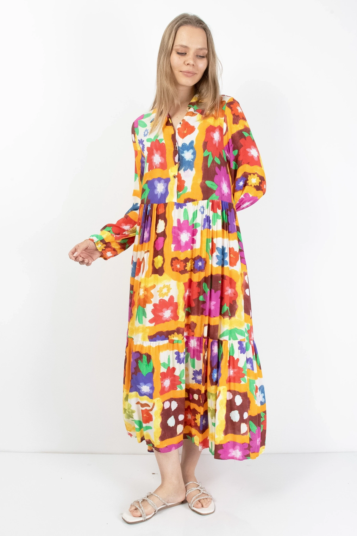 Rengarenk Çiçek Desenli Kadın Midi Elbise Viskon Kumaş